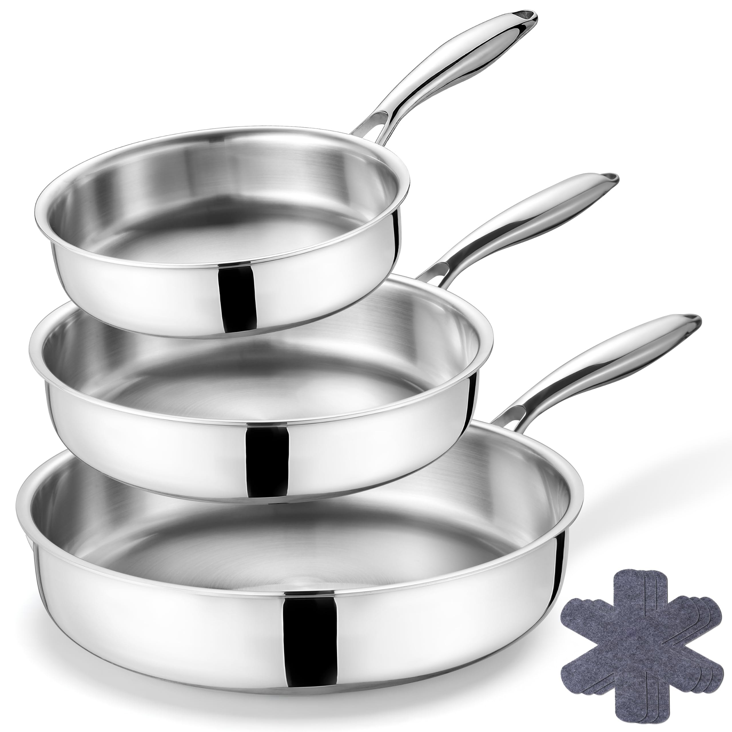 E-far Tri-Ply Stainless Steel Frying Pan Set of 3, 8/10/12 Inch Skillet Set | Heavy-Duty & Non-Toxic Kitchen Cookware, Cooking Pans for Searing & Sauting, Induction Compatible, Oven & Dishwasher Safe