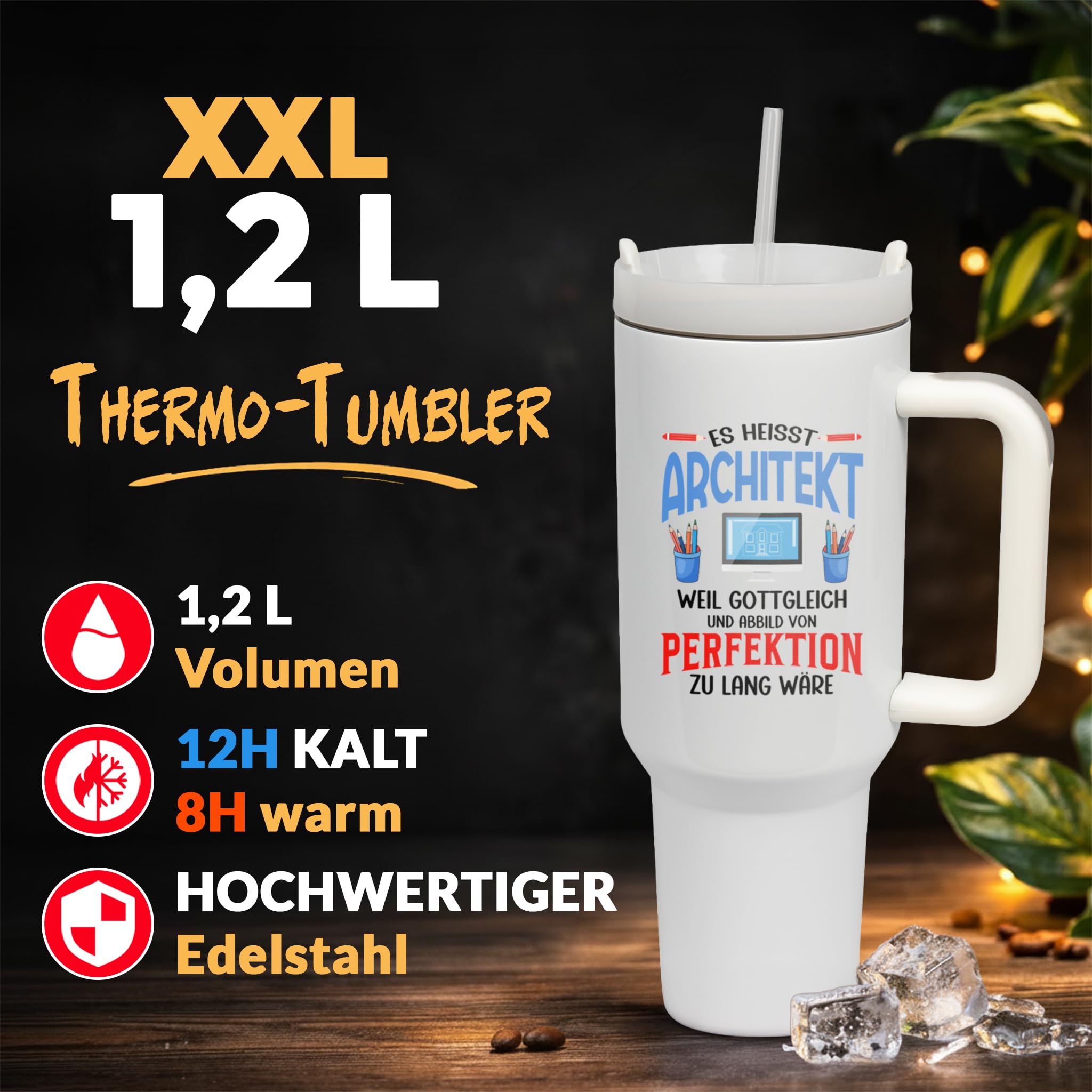 XXL Thermobecher für Architekten & Bauzeichner – Lustiges Geschenk zum Geburtstag, Abschied & Weihnachten – Edelstahl Trinkflasche, Weiß mit Architekt Spruch (WIEDERVERWENDBAR)
