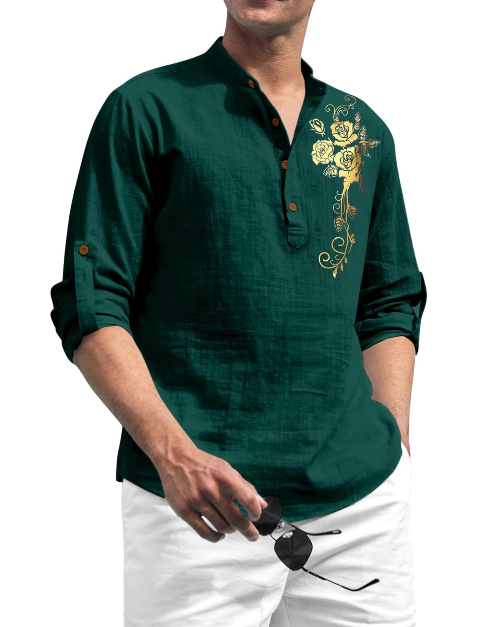 Men's Cotton Blend Mandarin Collar Self One Design Printed Full Sleeve Casual Short Kurta Shirt-picture-25