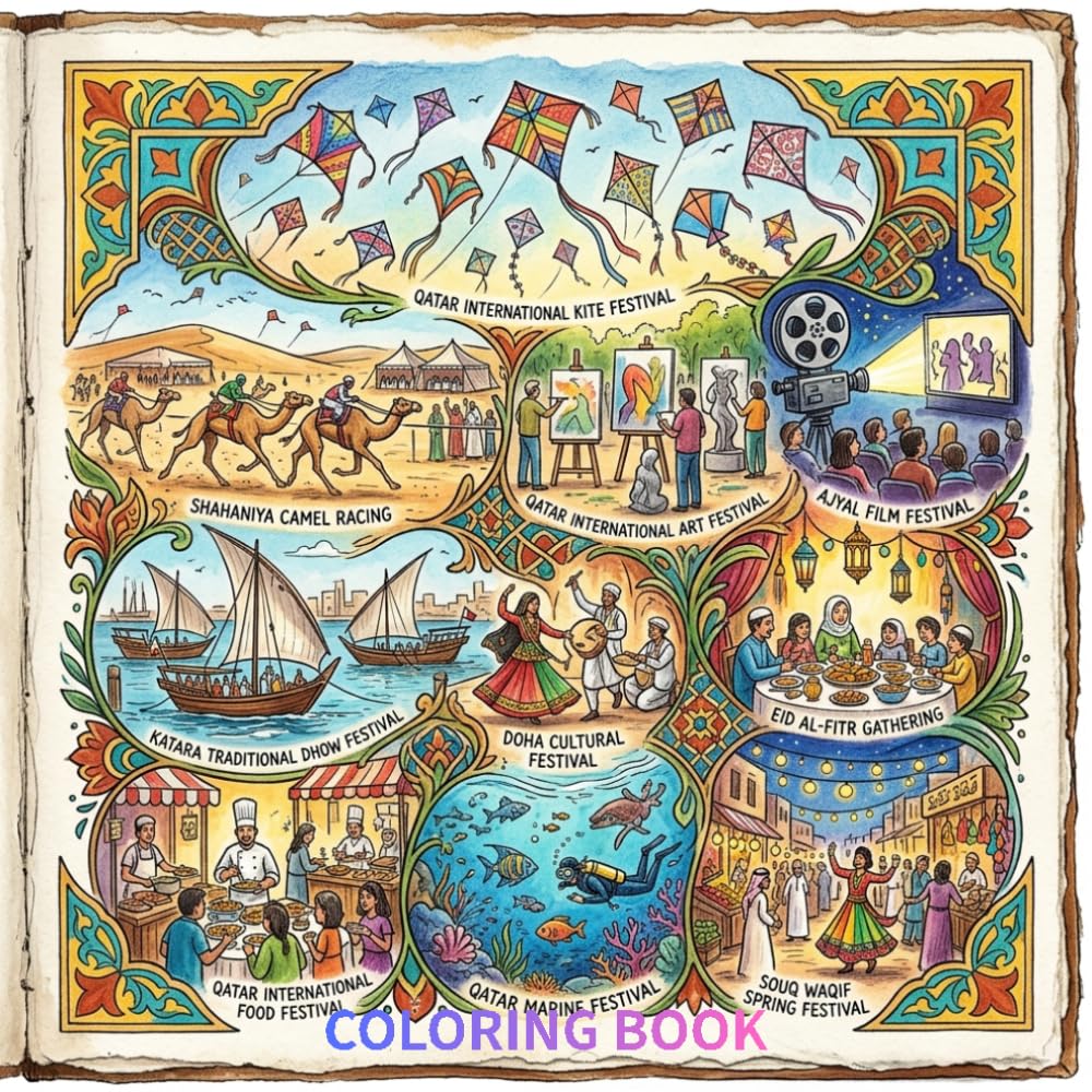 A cultural coloring book featuring traditional festivals and celebrations of Q: Qatar Festivals Coloring Book for Kids & Adults: Cultural Events, ... Line Art for Relaxation and Creativity