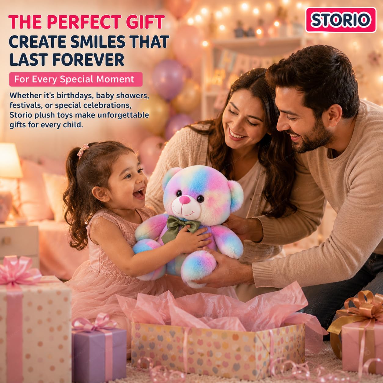 Storio Rainbow Plush Teddy Bear 30 cm – Soft Stuffed Animal Toy with Pastel Fur & Green Bow – Cute Cuddly Gift for Kids, Babies, Girls & Boys
