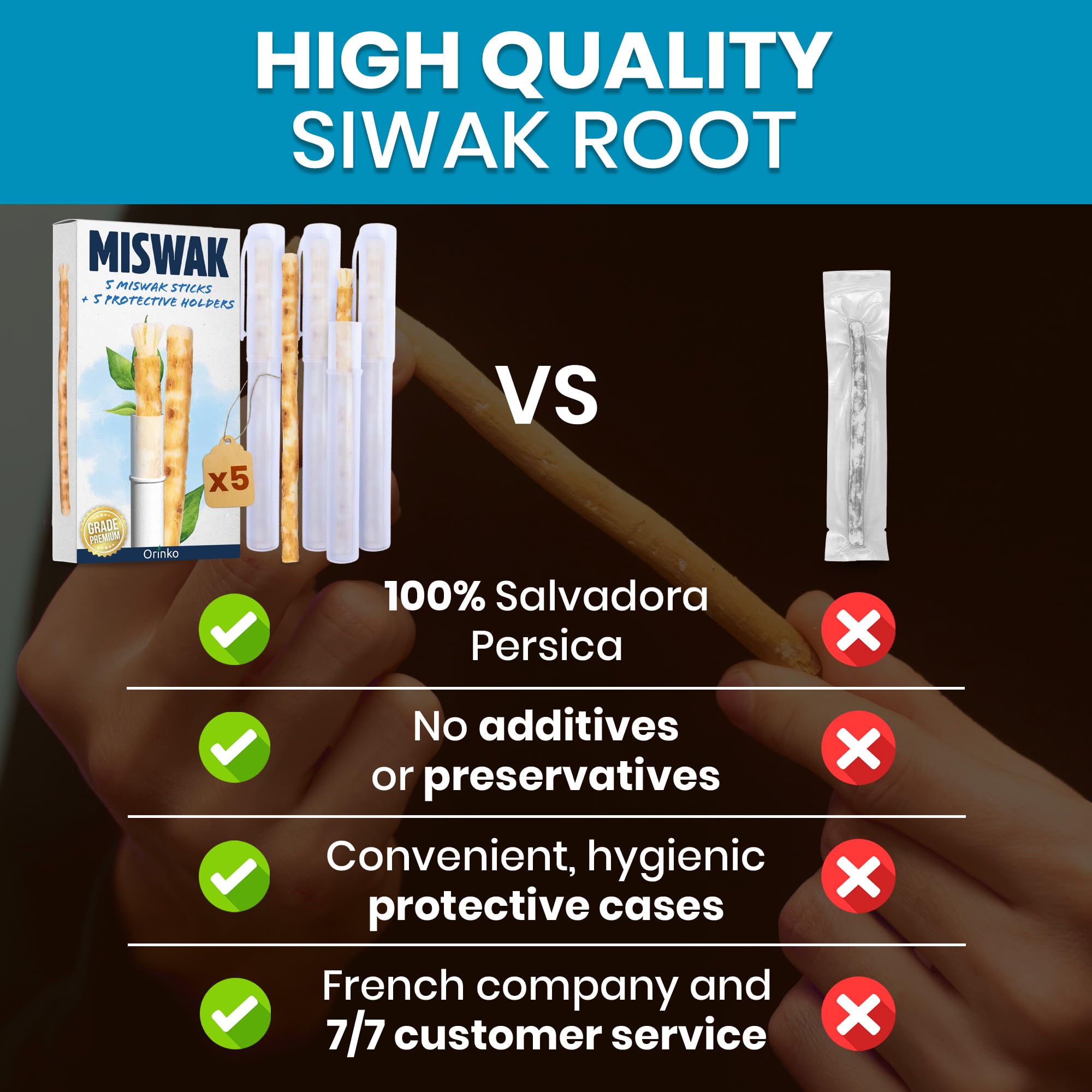 ORINKO 5 patyczków Siwak + 5 etui ochronne - Ekologiczna i wegańska naturalna szczoteczka do zębów Miswak - tradycyjna pielęgnacja jamy ustnej i wybielanie zębów