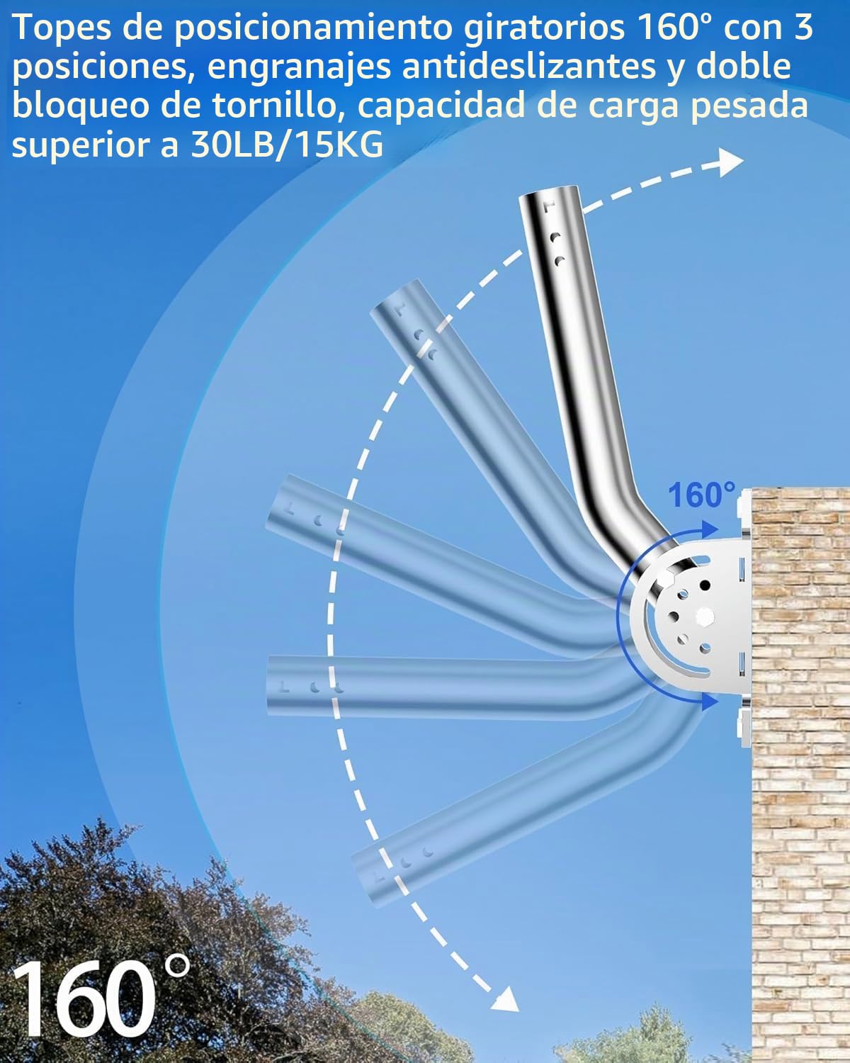Soporte de Antena J-Pole 33 cm Acero 430, Base Pivotante 160 Grados, Bloqueo de 3 Tornillos, OD 3,5 cm, para Pared, Techo, Alero, Puente WiFi, AP, CPE y Estación Meteorológica