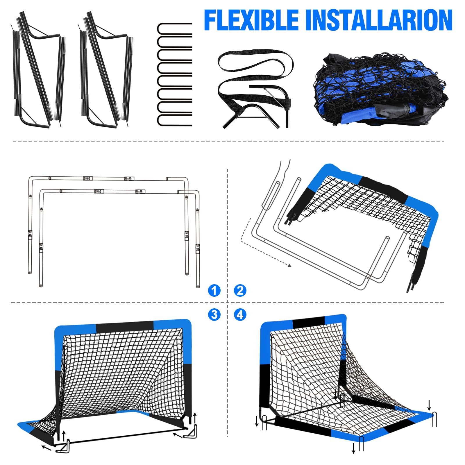 BORNEW Paquete de 2 porterías de fútbol para patio trasero e interior para niños, 7 x 5, 6 x 4, 4 x 3 pies, redes de fútbol portátiles para jóvenes y adultos, juegos al aire libre, equipo de