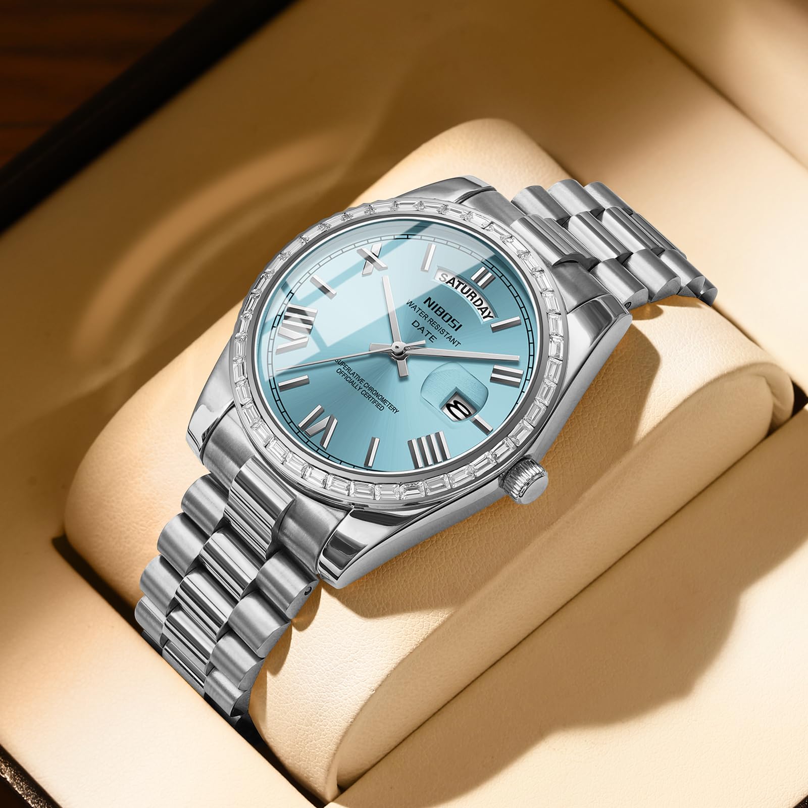 NIBOSI Men's Watches Analog Quartz Diamond Bezel Stainless Steel Dial Rose Gold Silver Watches for Men Waterproof Business Classic Dress Wrist Watch with Day Date