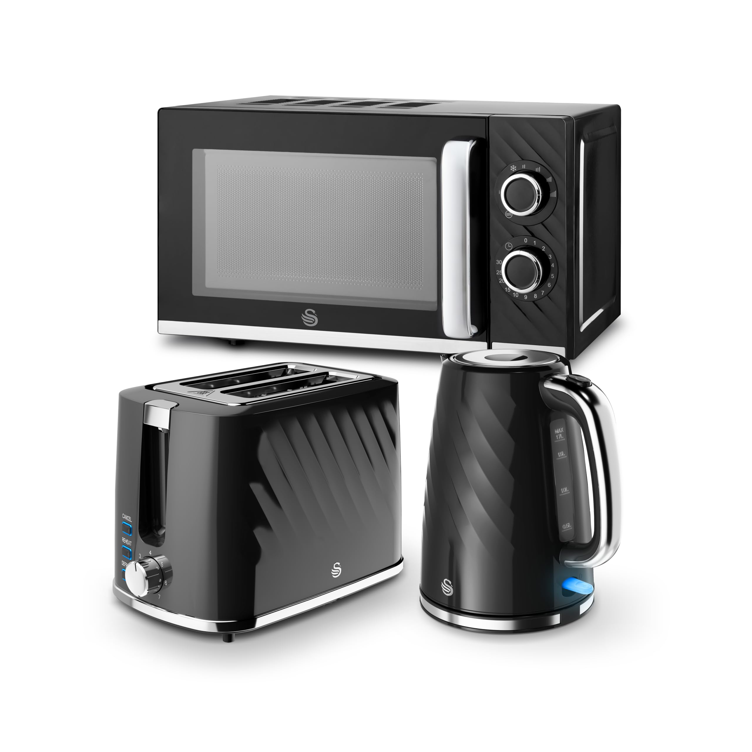 Swan Windsor Kitchen Bundle with 1.7L Rapid Boil Kettle, 2 Slice Toaster and Manual Microwave, Black, EEJB486