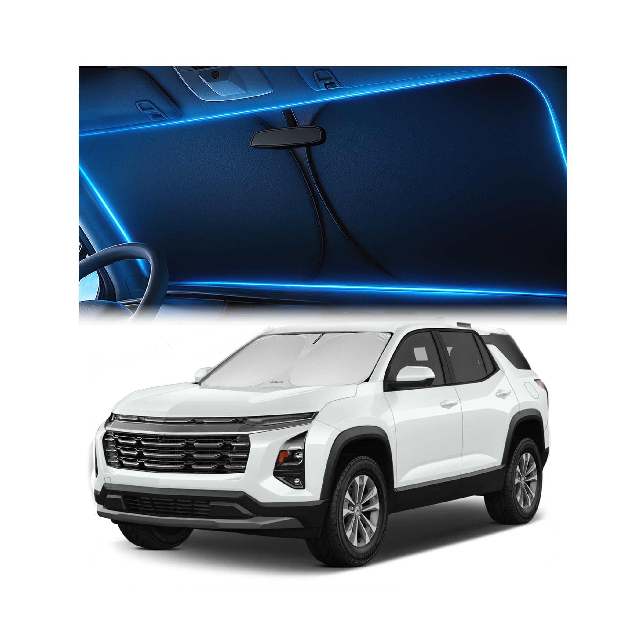 Windshield Sunshade for Chevrolet Equinox 2018-2023, 2024, 2025, 2026 – No-Light-Pass Technology, Mirror Cut-Out, Blocks 99% UV Rays – Fade-Resistant,