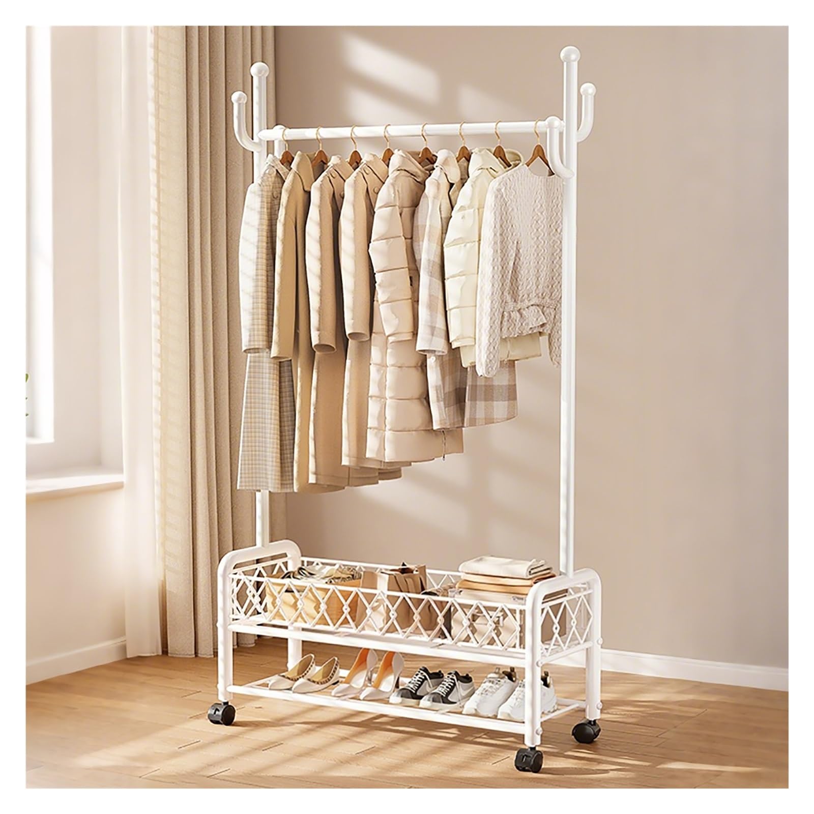 Lshtshf-ou Heavy Duty Clothes Rack With Wheels Garment With Storage Shelves Rolling Clothing Racks Portable Organizer Wardrobe(White,60cm/23.6in)
