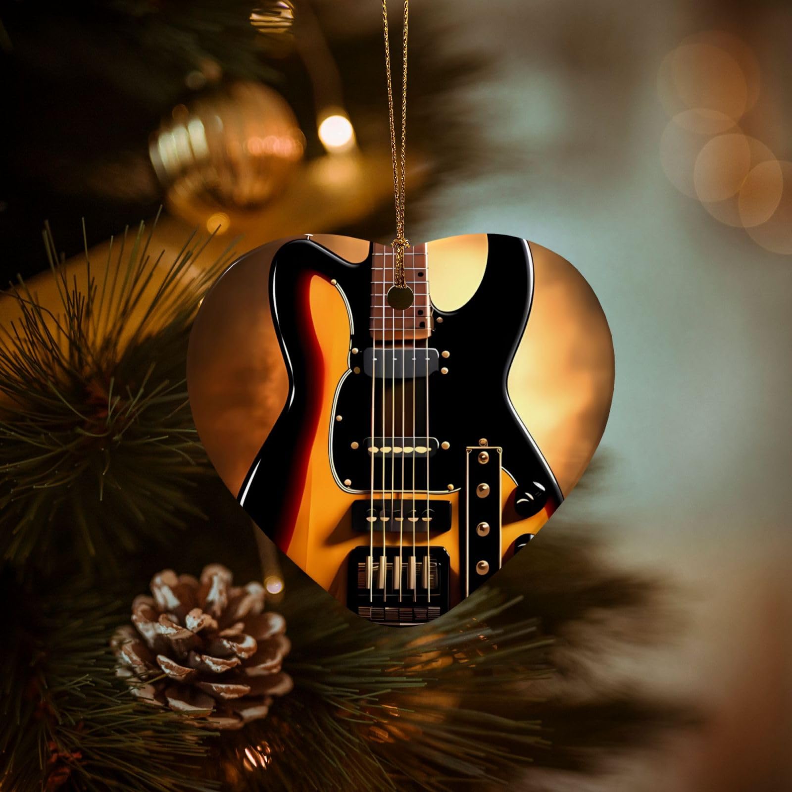 Christmas Ornaments for Christmas Tree Decoration Hanging Instrumental Guitar Ornament with Gold Ribbon Crafts Heart Shape Ceramic Pendant for Keepsake Gifts Xmas Decor Party Supplies