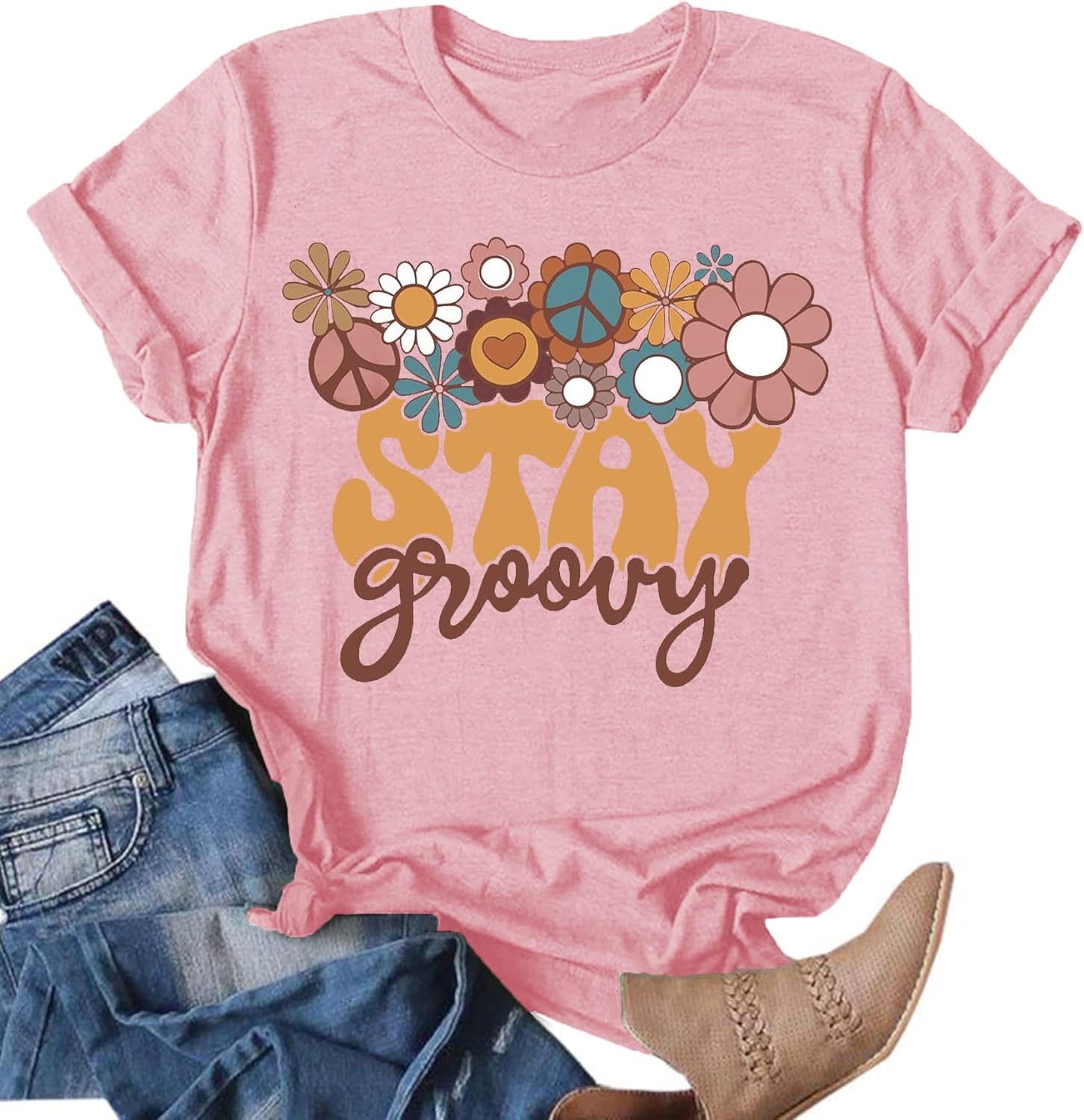 Stay Groovy Shirt for Womens:Hippie 70s T-Shirt Cute Hippie 70s T-Shirt Casual Short Sleeve Tee Tops - Image 5