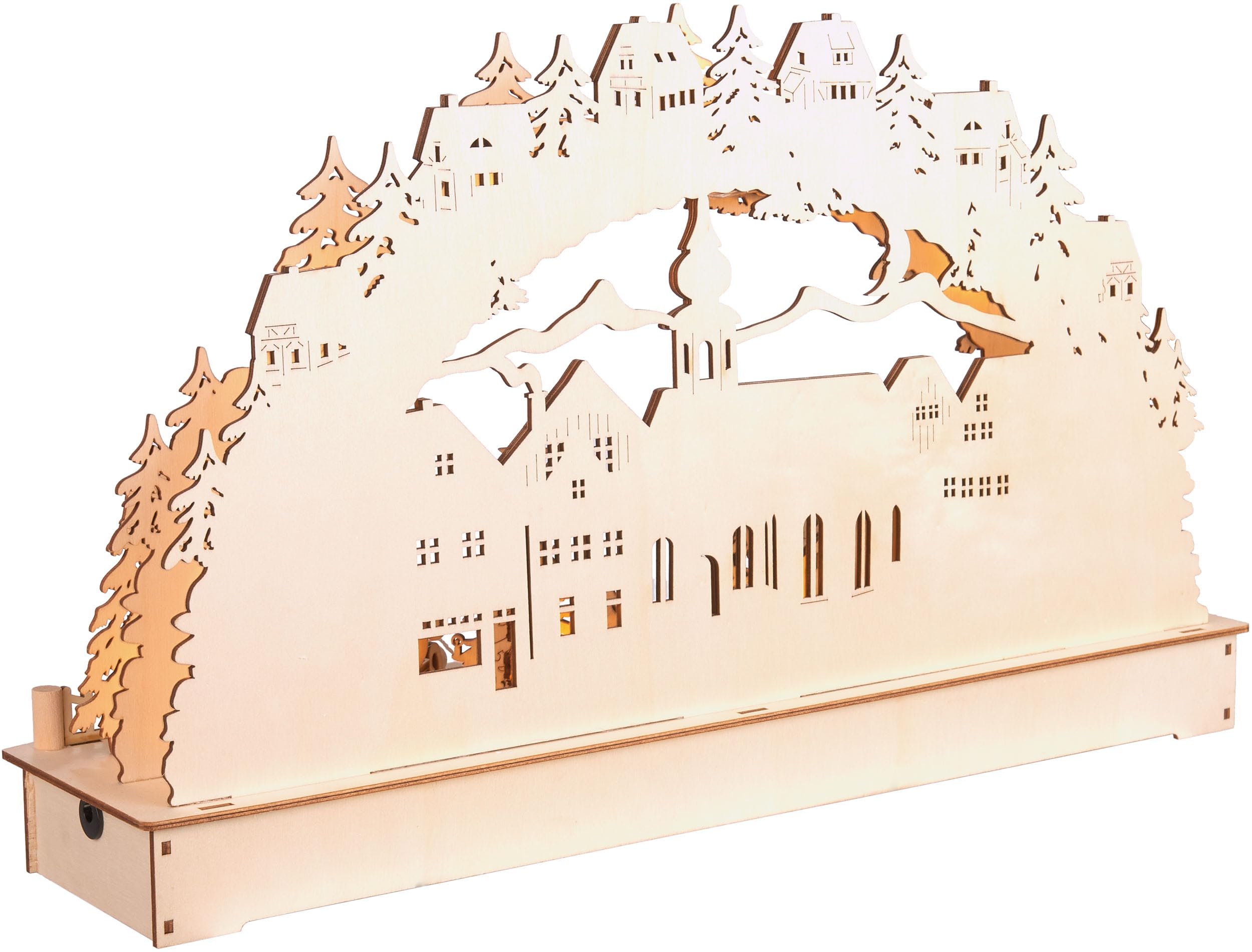 Brubaker 3D Lichterbogen - LED Schwibbogen - Großes Weihnachtsdorf 2026 - Weihnachtsbeleuchtung aus Holz Natur - 27 x 45 x 12 cm - Handbemalte Figuren - Weihnachtsdeko für Tisch & Fenster