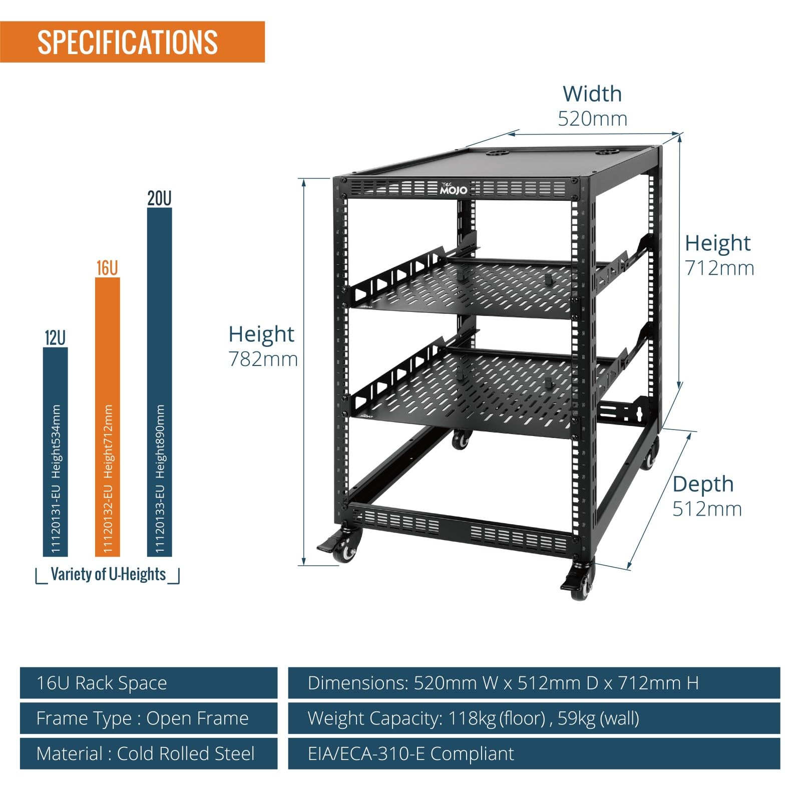 Tecmojo 19 Zoll 16HE Open Frame 19-Zoll-Netzwerk-Rack für Server und AV-Geräte, Stand- und Wandmontage möglich, Netzwerk-Schrank 4-Pfosten mit Rollen, mit 2 x 1HE-Einlegeböden und Montagematerial