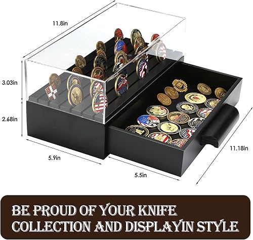 Miniatura 3 de Exhibición grande de madera para monedas con cubierta transparente  Monedas militares  Capacidad para 40 monedas en la parte superior y cajón de