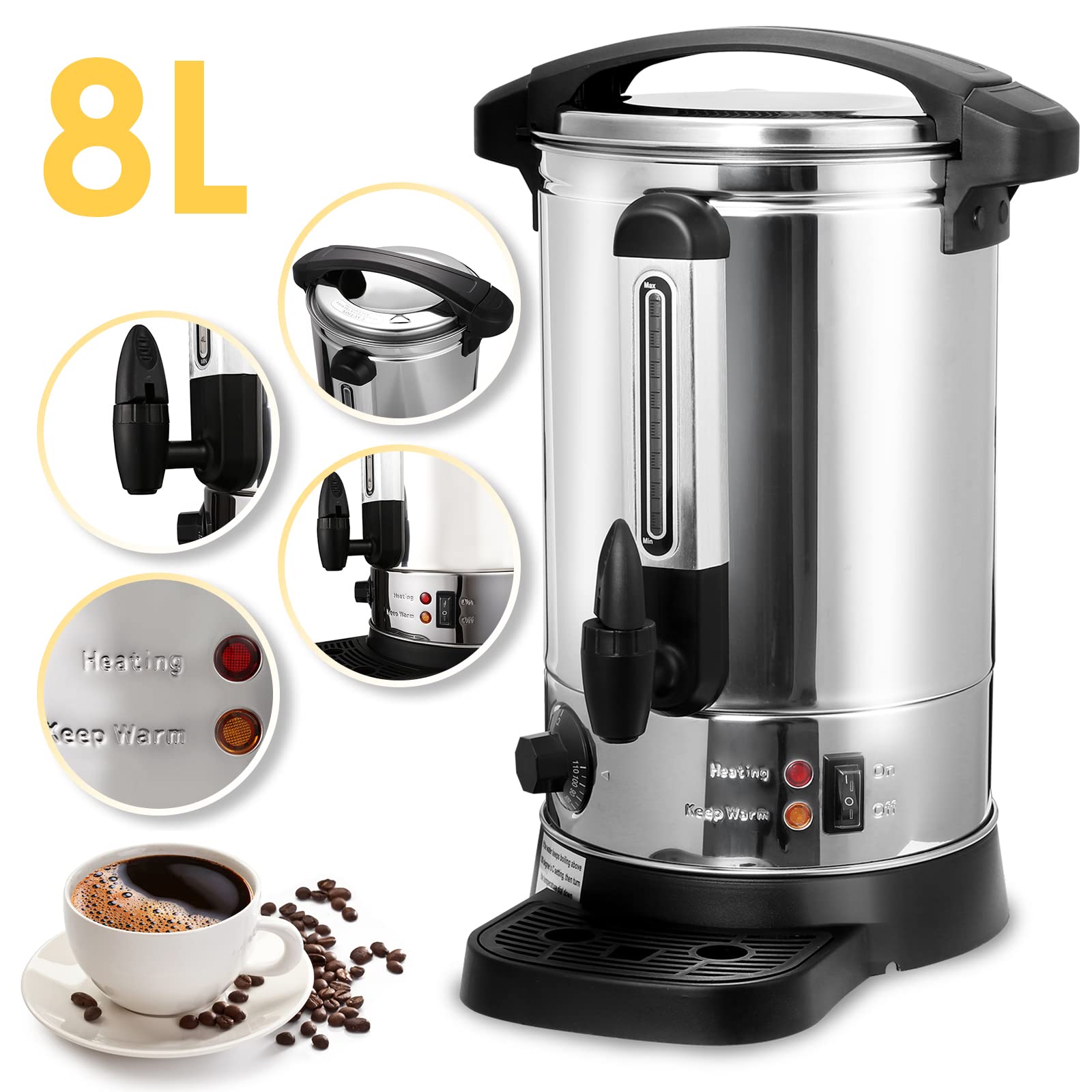 Randaco Bouilloire à vin chaud en acier inoxydable, avec bac récupérateur, robinet, régulateur de température de 30 à 110 °C, distributeur automatique