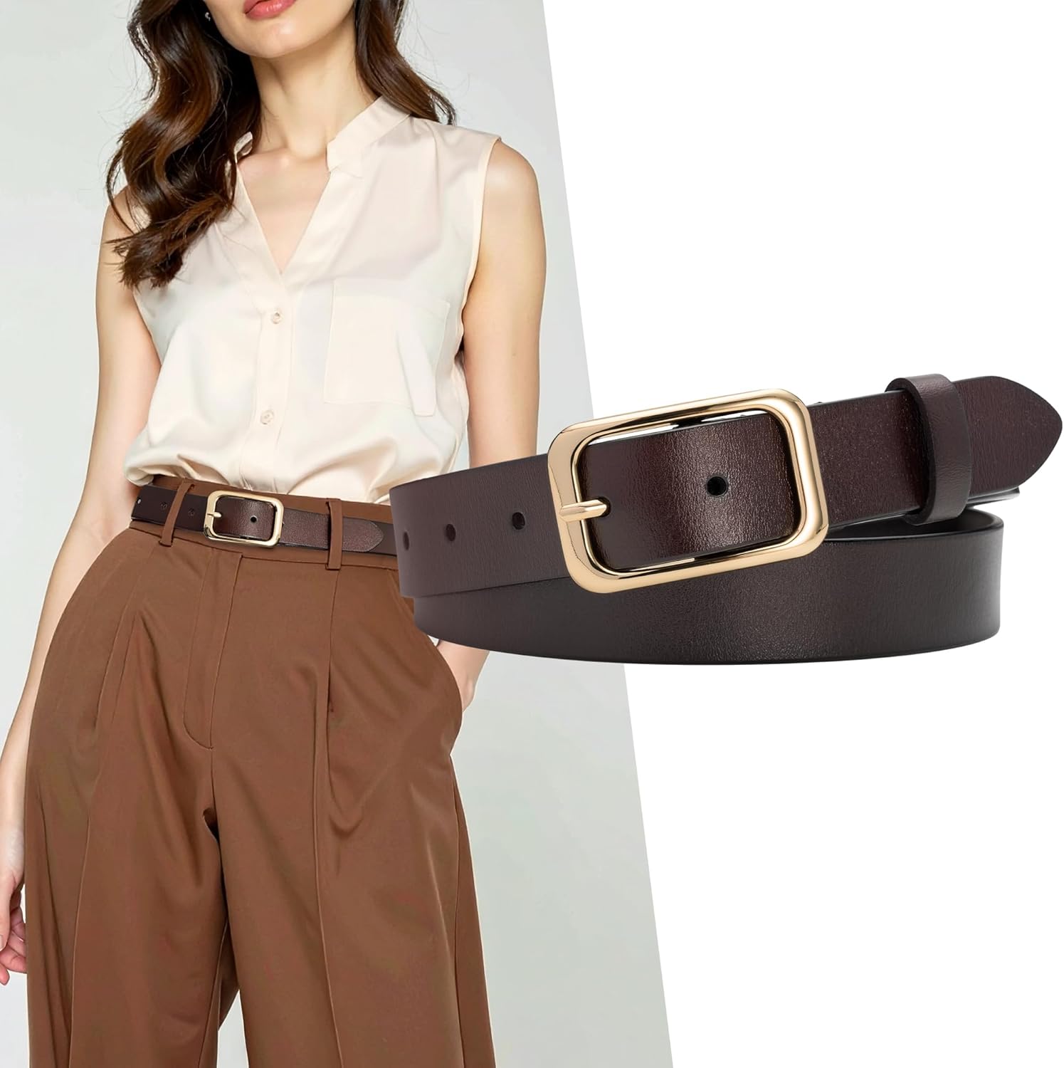 Genuine Leather Belt for Women, Women’s Fashion Belt for Jeans Dresses - 1.3” Wide with Gold Buckle - Image 2