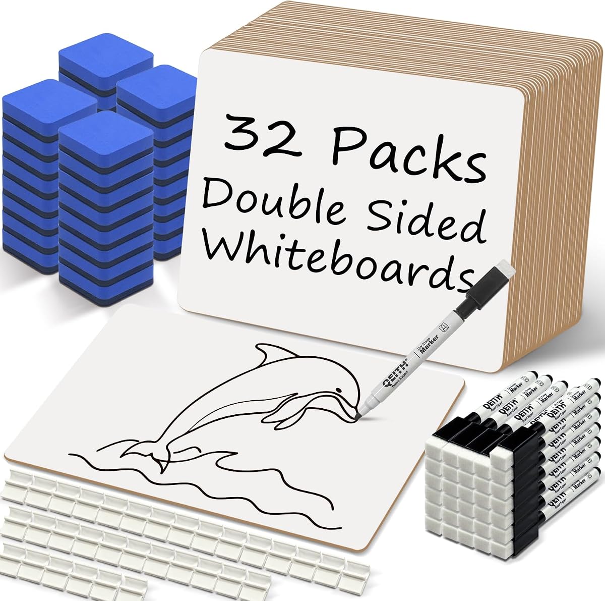 Dry Erase Boards, 9x12 Inch Double Sided Mini Practice White Boards 32 Sets | Portable Handheld Small Whiteboards for Students, Teachers and Schools, Including 32 Markers, 32 Erasers, 32 Pen Holders.