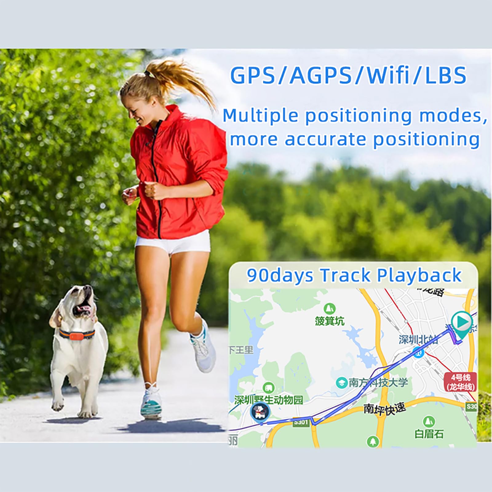 Localizzatore GPS per animali domestici, dispositivo anti-smarrimento con posizionamento multiplo e riproduzione storica dei brani per cani e gatti