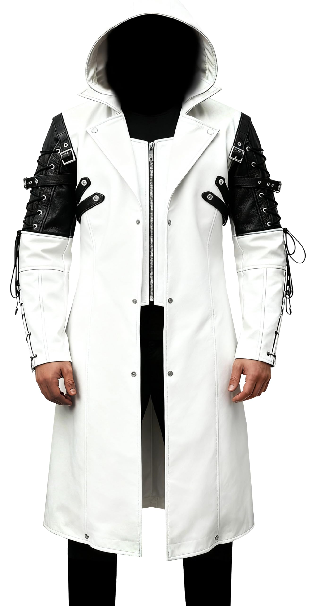 Creonetix Hub Men Gothic Faux Leather Trench Coat hood – Steampunk gothic Costume Long Jacket for Men (white-X-Small) — image 1