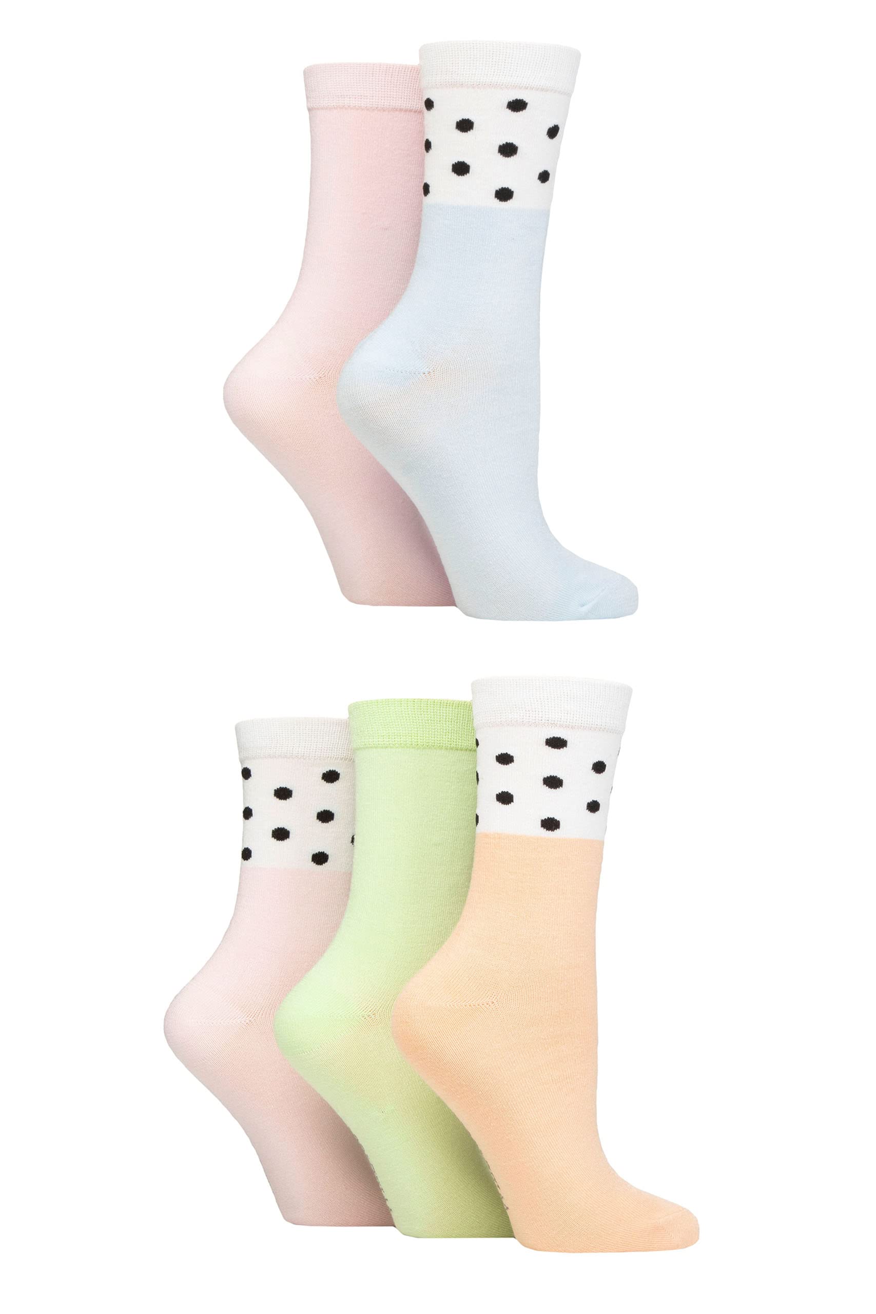 SockShop Wildfeet Ladies Patterned Bamboo Socks Pack of 5 Spots Blue/Pink/Peach 4-8