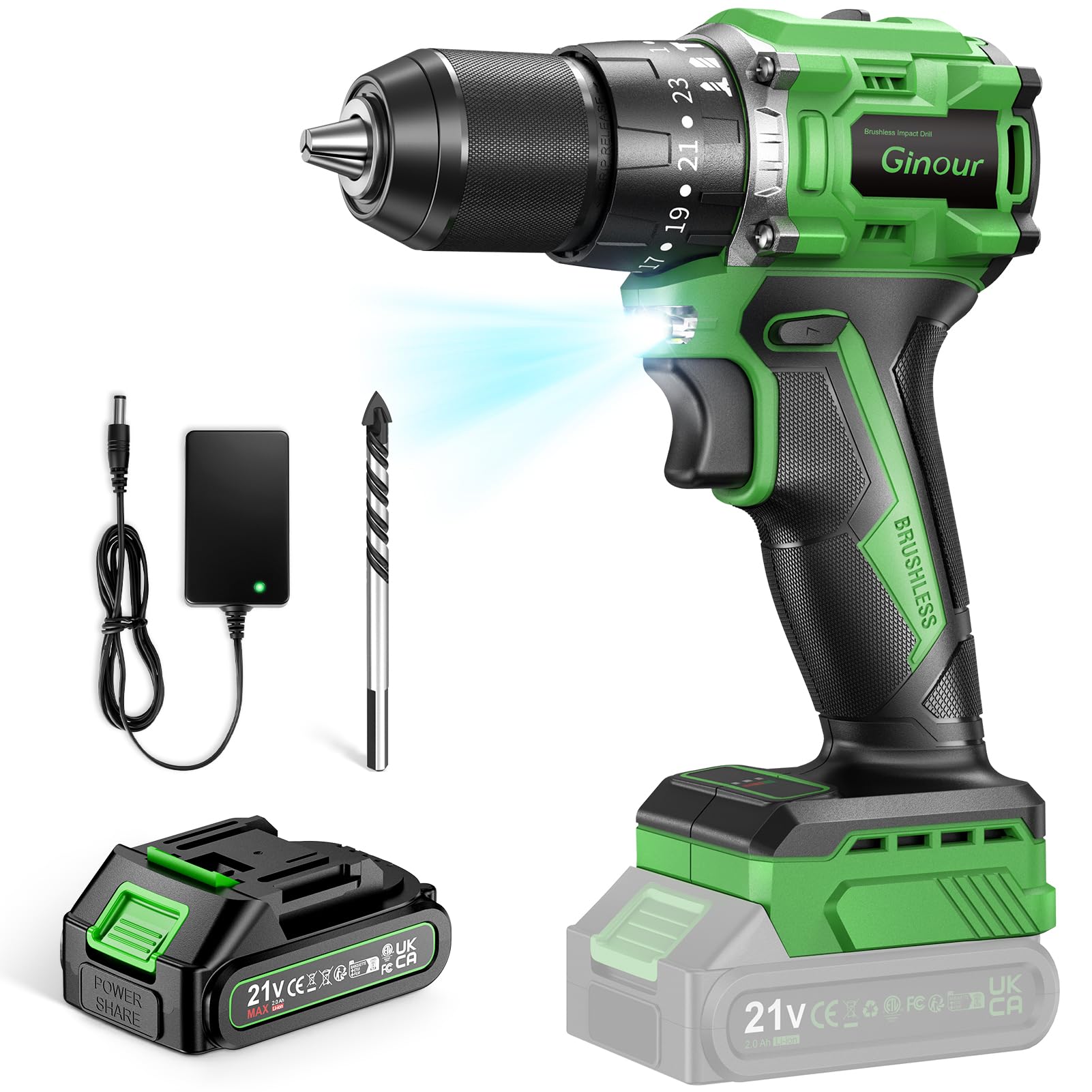 Ginour 50Nm Bürstenlos Akku Schlagbohrschrauber 21V Set, 1x2Ah Akku | kompatibel mit Makita 18V Akku & Ladegerät, 2-Gang, 23+3 Stufen, Zubehör mit Bohrer, LED, 10mm Bohrmaschine & Akkuschrauber