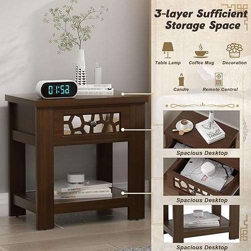 Miniatura 7 de Giantex Mesa auxiliar retro mesa auxiliar de madera con cajón de cristal espejo y estante de almacenamiento abierto mesita de noche para dormitorio
