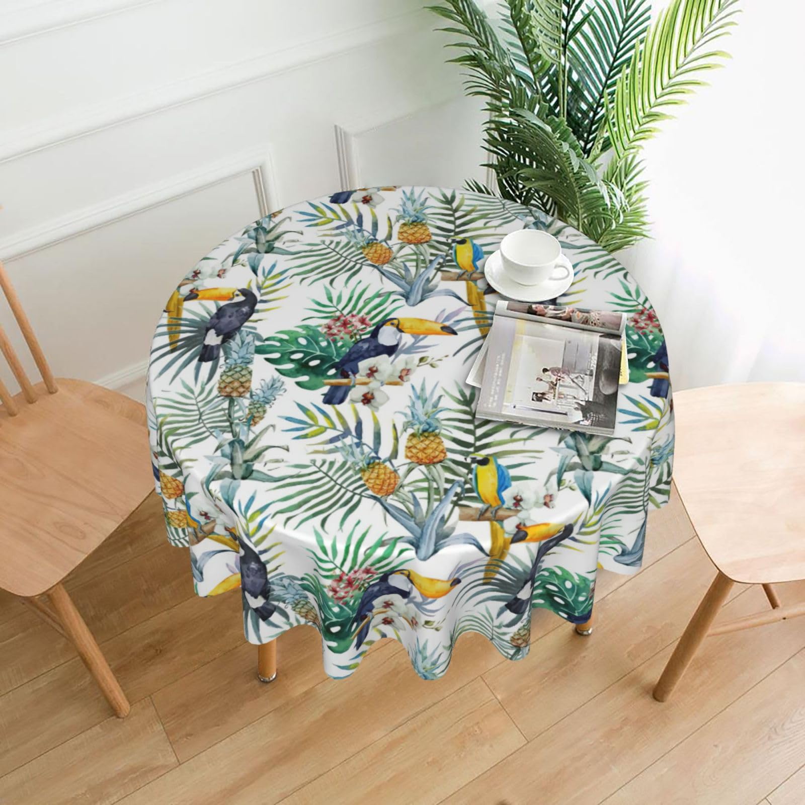 Zcmkjlg Tropical Leaves Bird Print Quick Ship Round Tablecloth 60in Polyester Washable Cover for Dining Room