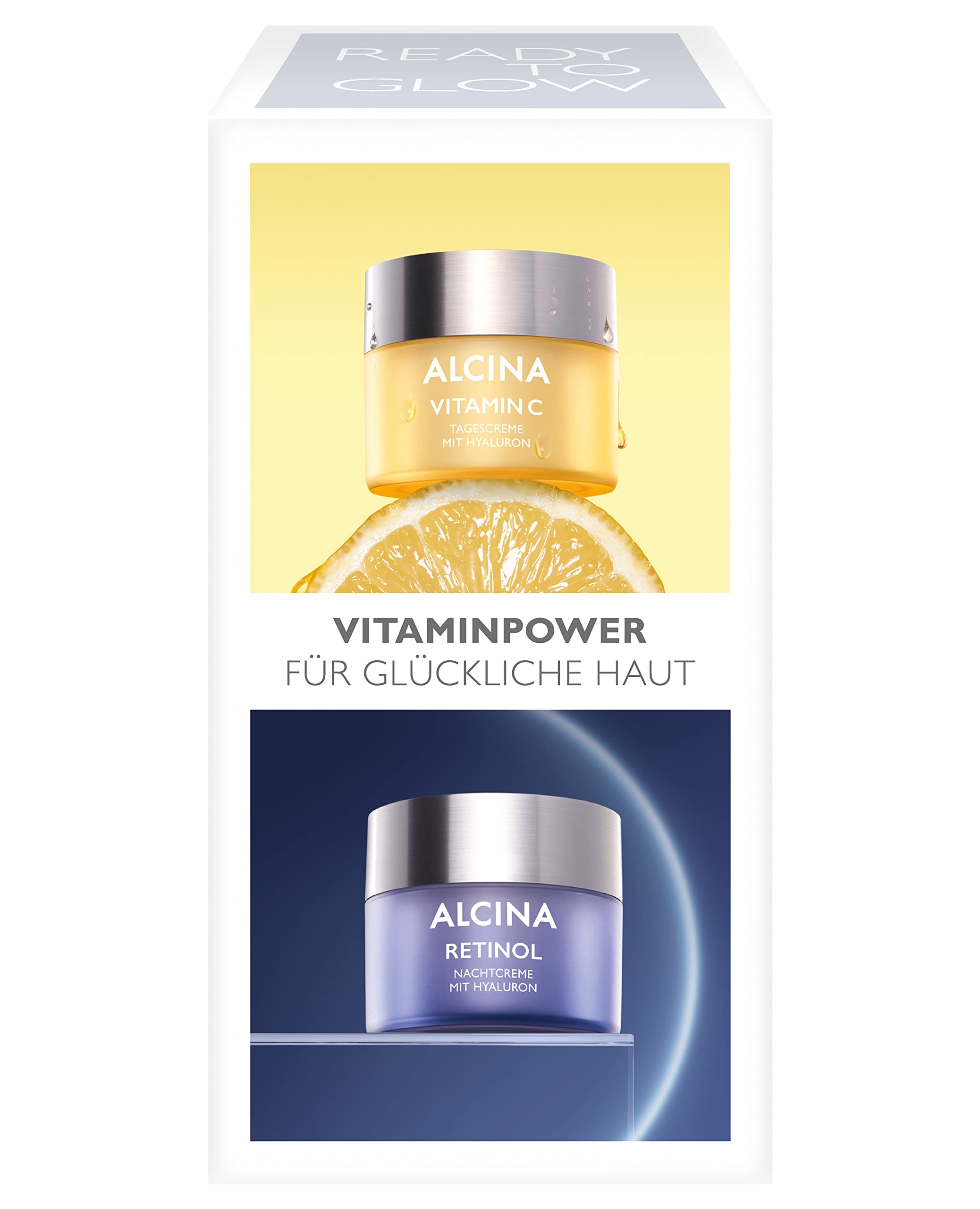 ALCINA Gesichtspflege Set Vitamine - 2 x 50 ml - 24h feuchtigkeitsspendende Vitamin C Tagescreme und intensiv, pflegende Retinol Nachtcreme. Mit Hyaluronsäure und verkapselten Vitaminen | 24h feuchtigkeitsspendende Vitamin C Tagescreme, Intensiv pflegende