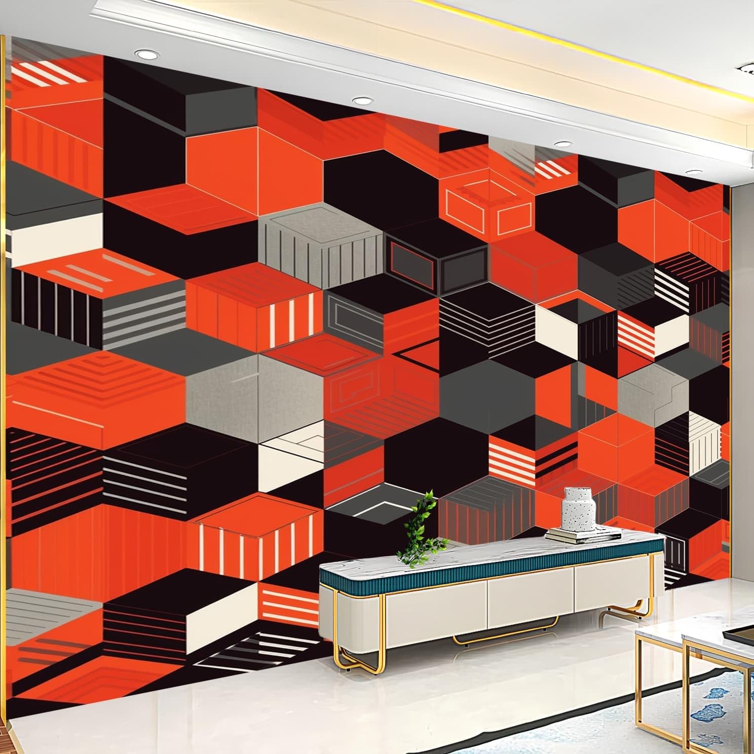 Fototapeta nowoczesna geometria plaster miodu abstrakcyjny mural z włókniny gigantyczny plakat 300 x 210 cm kolor pomarańczowy tapeta do różnych pomieszczeń tapeta ścienna, modna fototapeta