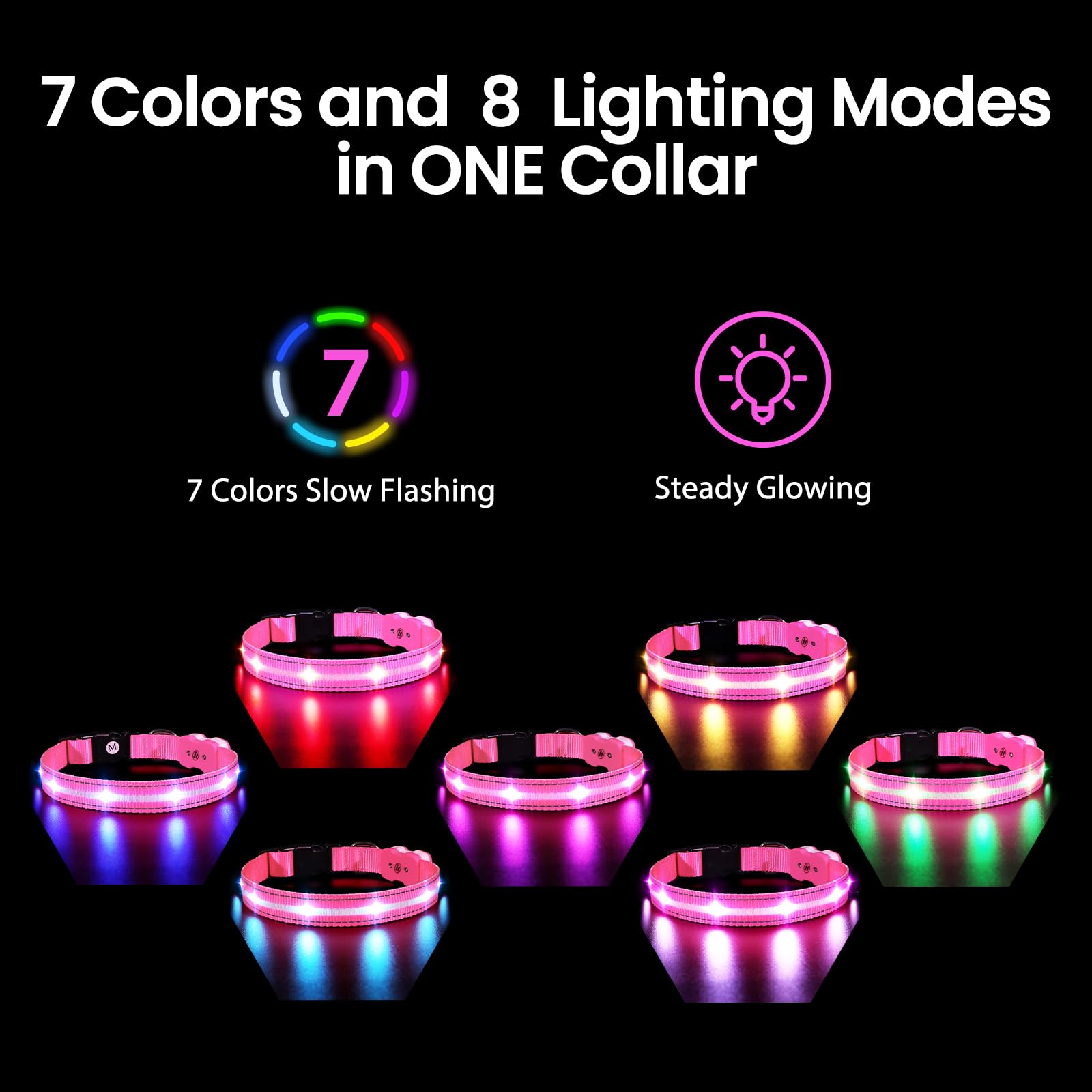 Collare Luminoso per Cani, Collare di Cane LED Ricaricabile e Impermeabile, 7 Colori RGB Cambiano 8 Modalità di Illuminazione Regolabile Adatto per Cani di Taglia Piccola Media Grande(Rosa S)