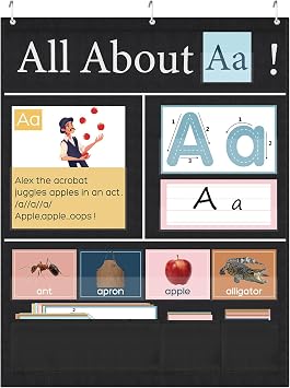 Blosssound 34 x 27 All About Letter Pocket Chart 103 ABC Flash Cards Letter of The Day Week Chart Alphabet Tracing Educational Wall Poster Teachers Homeschool Learning ActivitiesBlack