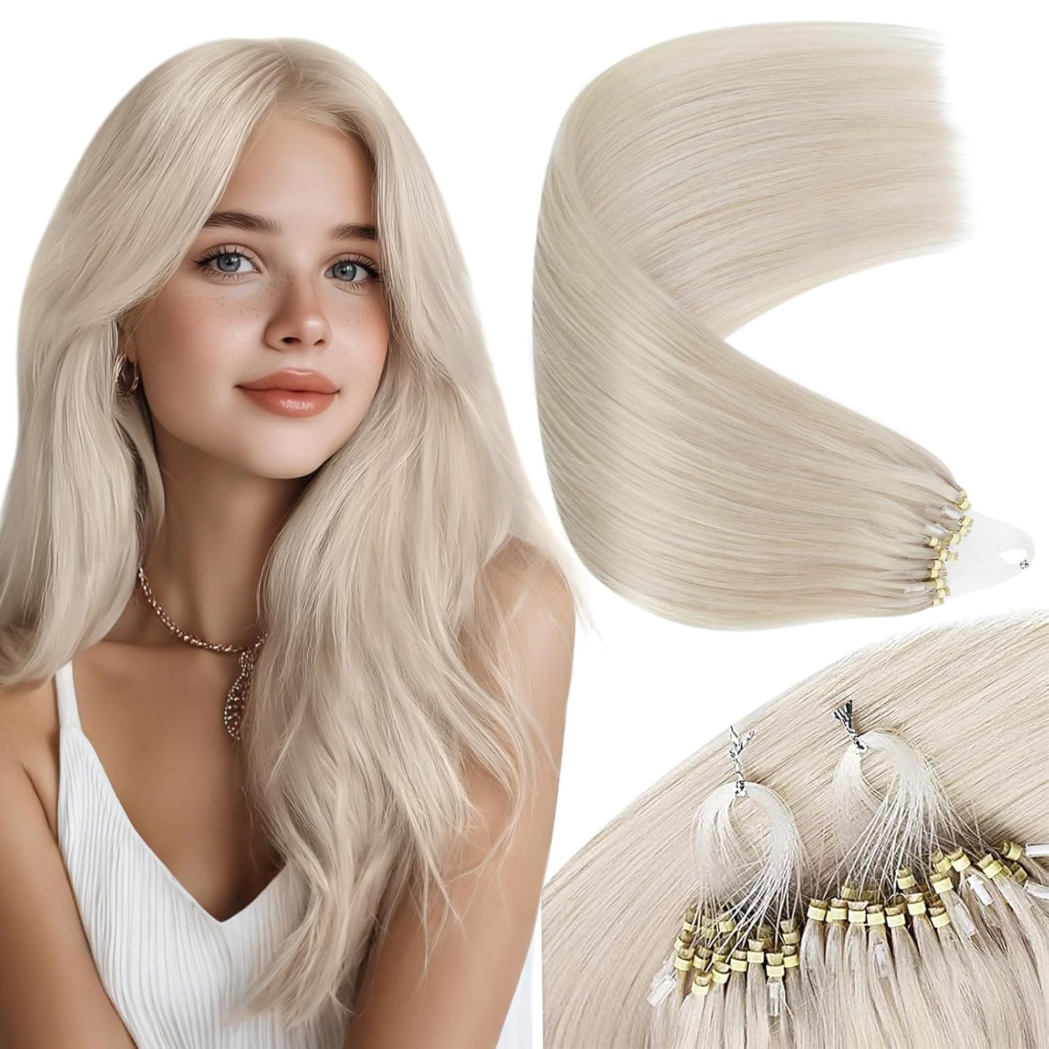 Sunny Hair Micro Beads Hair Extensions Real Human Hair 1g/s 50g Micro Loop Ring Remy Hair Extensions for Women Straight Micro Link Extensions Human Hair White Platinum Blonde 24inch
