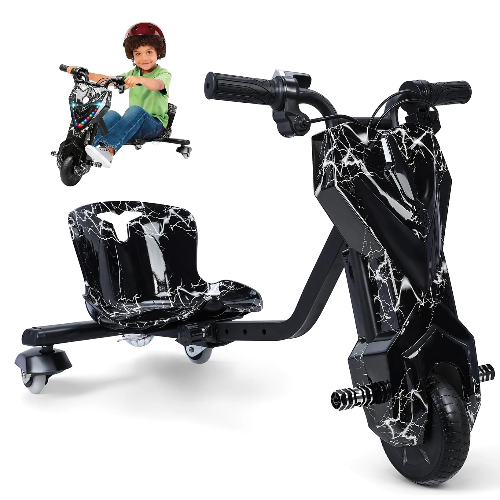 Triciclo Drift Ajustable Con Asiento Trasero Y Luces LED – 90x68x60 Cm, Soporta 80 Kg, Rueda Delantera De Goma De 40 Cm, Para Niños +6 Años, Negro
