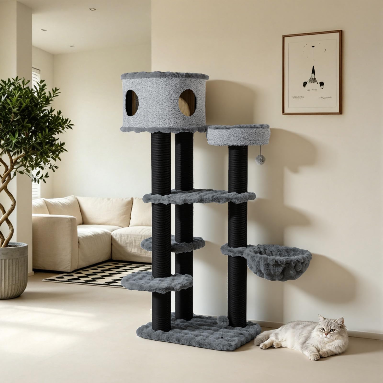 Fudajo Empire Tower 190 cm drapak XXL, drzewko dla kota z domkiem, wiszącym leżakiem, legowiskiem i słupkami do drapania z papierowej liny
