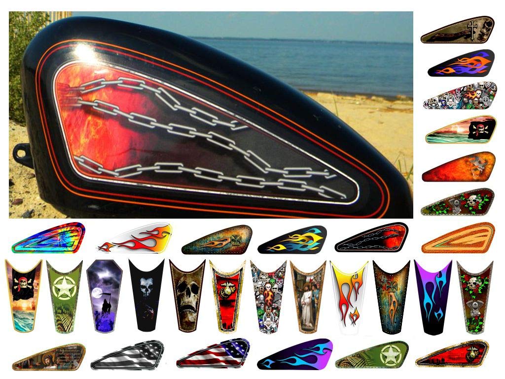 Motorcycle Gas Tank Decals/Sets - for Harley Davidson Sportster Honda Shadow Suzuki Kawasaki Indian Yamaha (Torched Chains - 2pc Side Tank Decals)