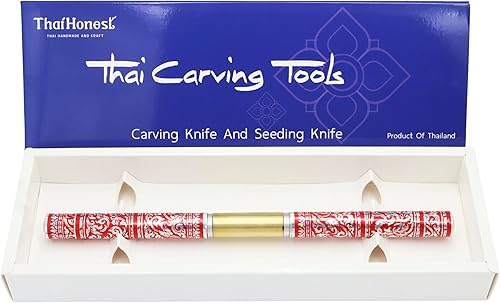 Miniatura 5 de Cuchillo tailandés para tallar frutas, hoja de doble cara de 2 pulgadas (curva y recta) con mango decorativo rojo tailandés, herramienta de