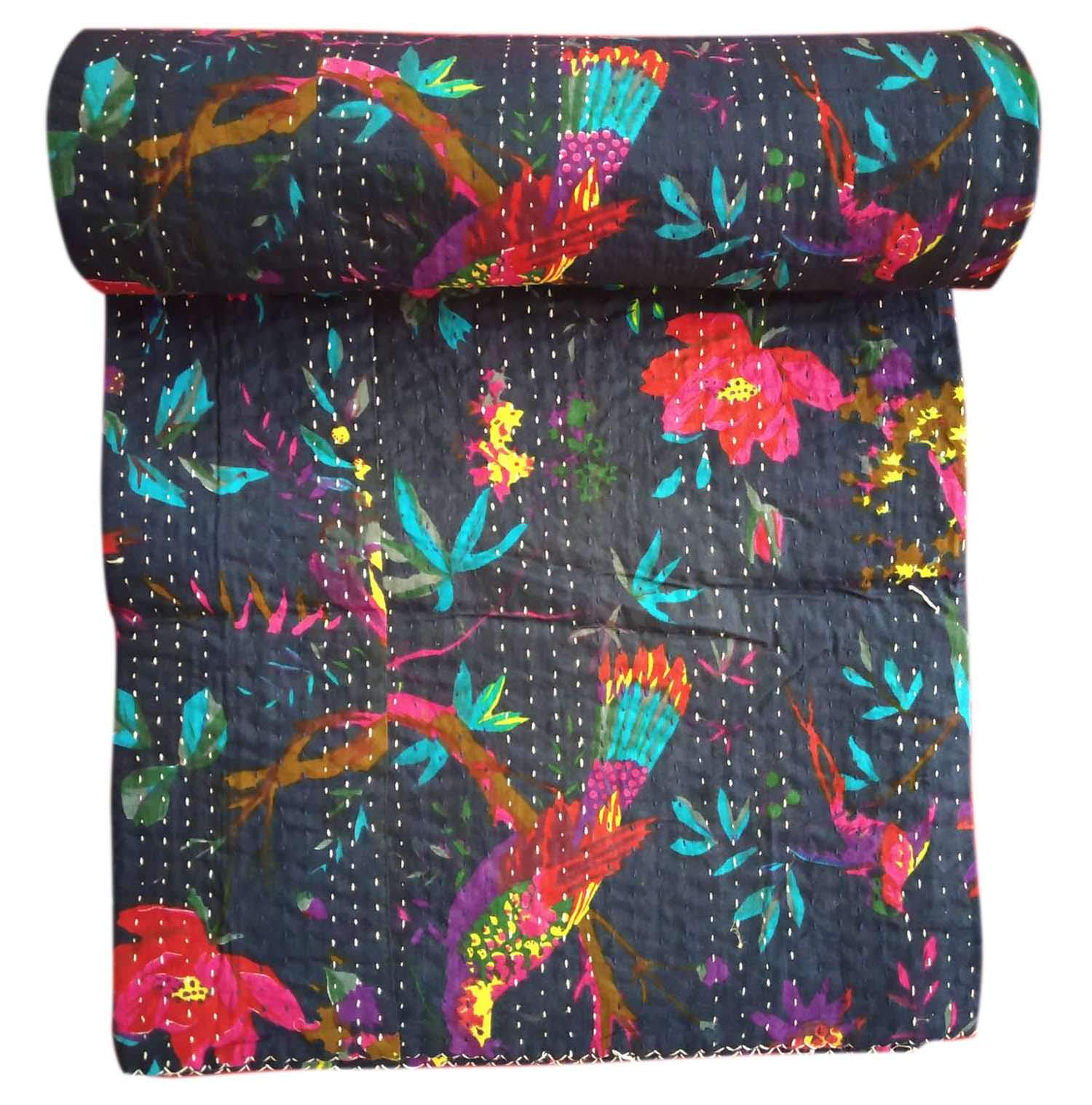 Kirti Textile and Handicraft Bird Print Cotton Kantha Quilt Handmade Kantha Bedspread Throw Kantha Bed Cover Single Size-image-36