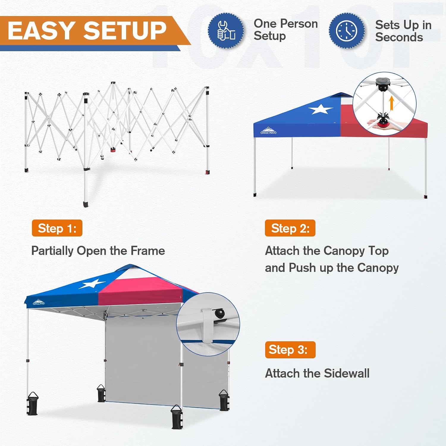 EAGLE PEAK Commercial Canopy 10x10 Pop Up Canopy Tent with 1 Sidewall, Easy Setup Heavy Duty Instant Event Shelter for Vendors & Markets, Outdoor Sun Shade, Tex Flag