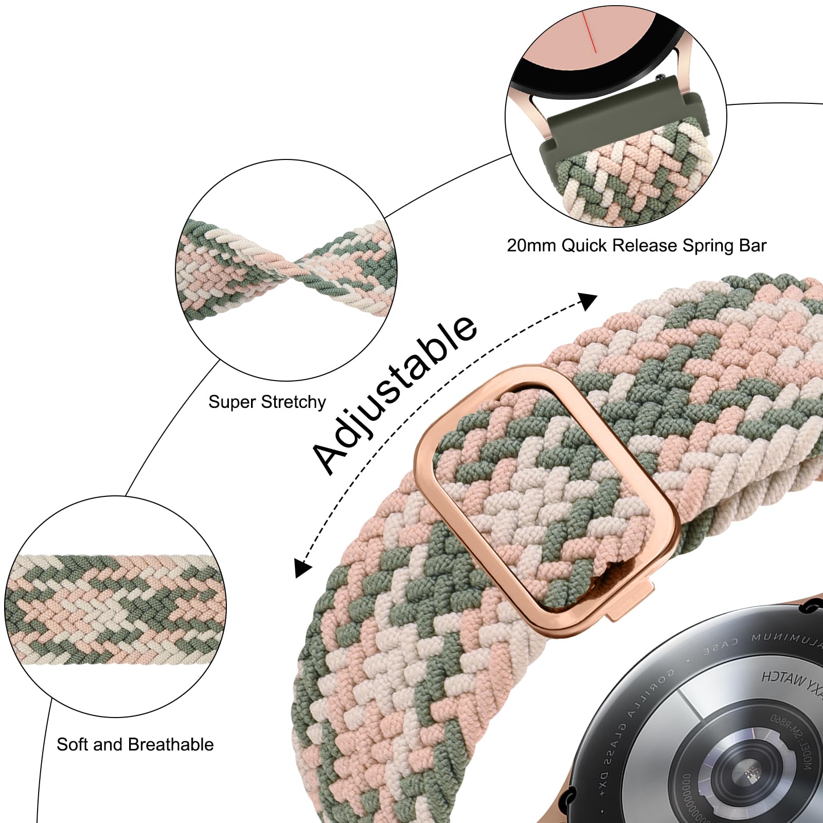 Braided Stretchy Strap Compatible With Garmin Forerunner 55/645/245, 20mm Nylon Band for Garmin Watches (Rose & Green) - Image 4