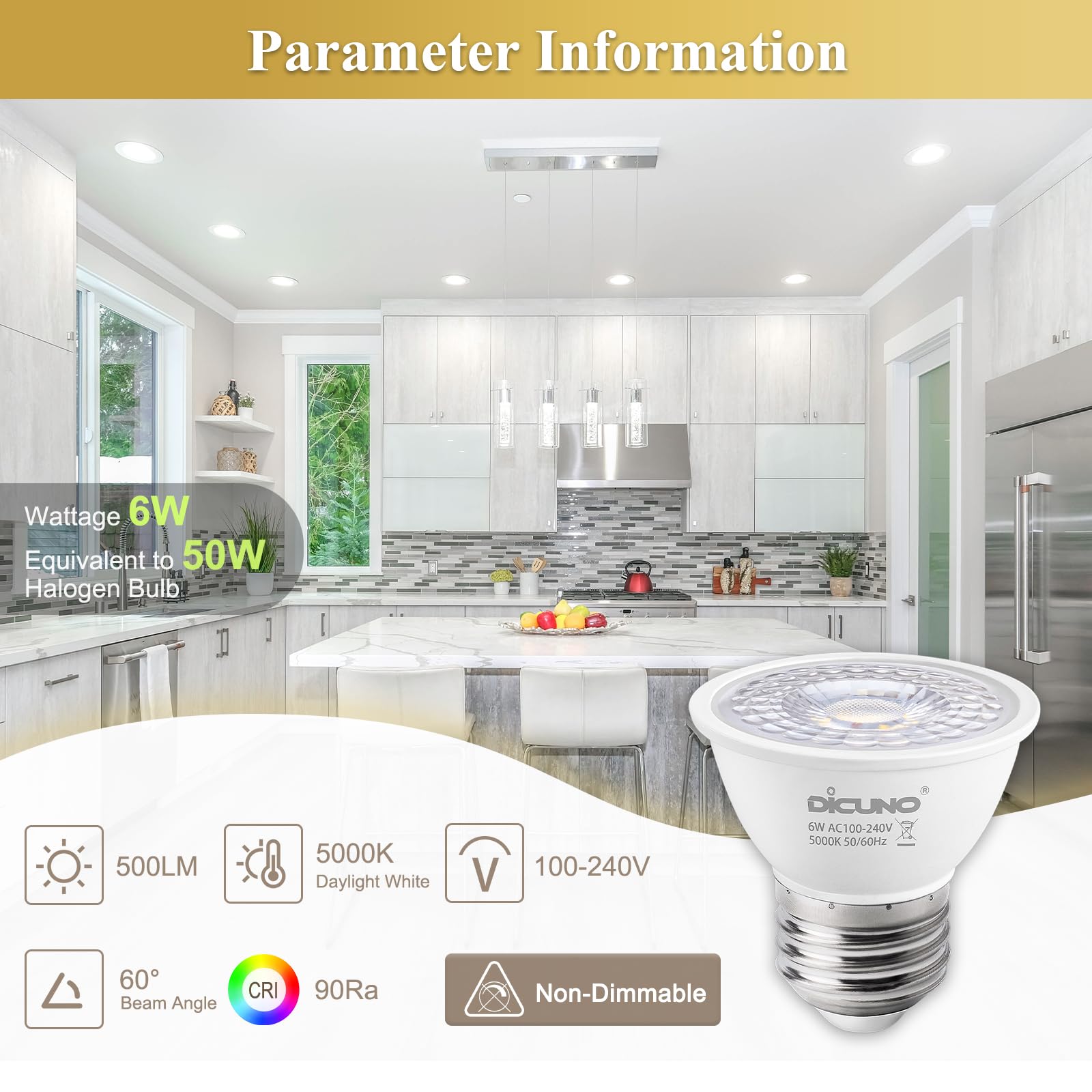DiCUNO E27 LED Bulb 6W, E27 ES Light Bulbs MR16, Daylight White 5000K, 50W Halogen Replacement, 500LM - Image 3