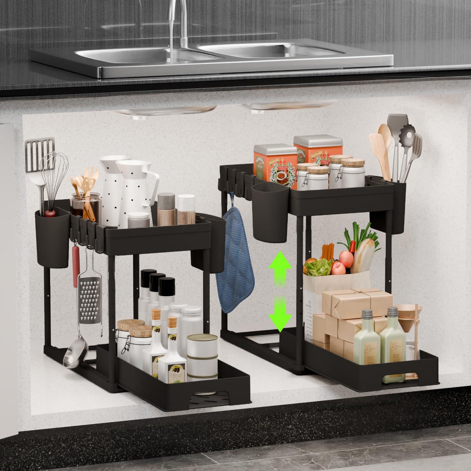 Braozaiw Adjustable Under Sink Organizer with 2-Tier Pull-Out Baskets & Telescoping Rod - Kitchen, Bathroom, Cabinet Storage Shelf (black)