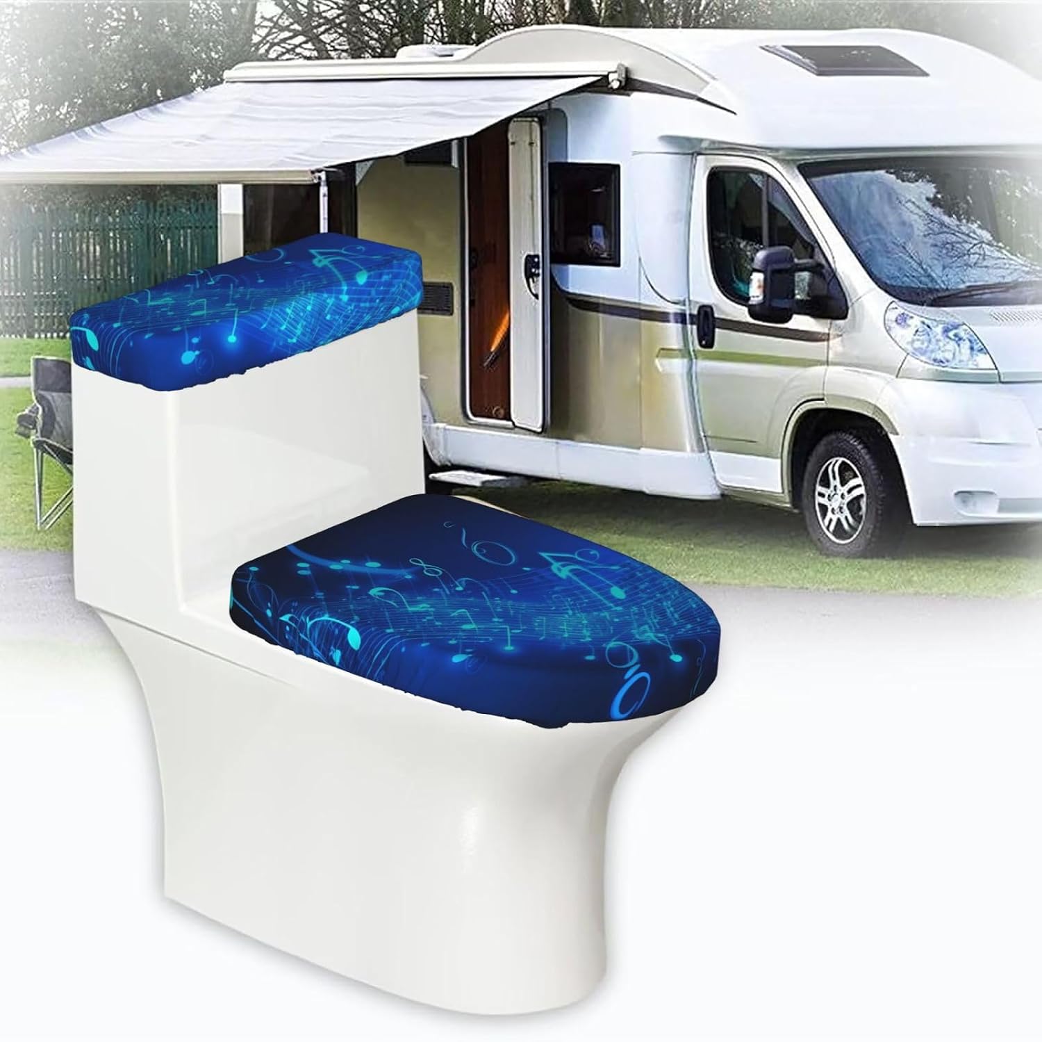 Blue Musical Notes Toilet Tank Cover And Toilet Lid Cover Set Stretch Bathroom Toilet Lid Seat Cover