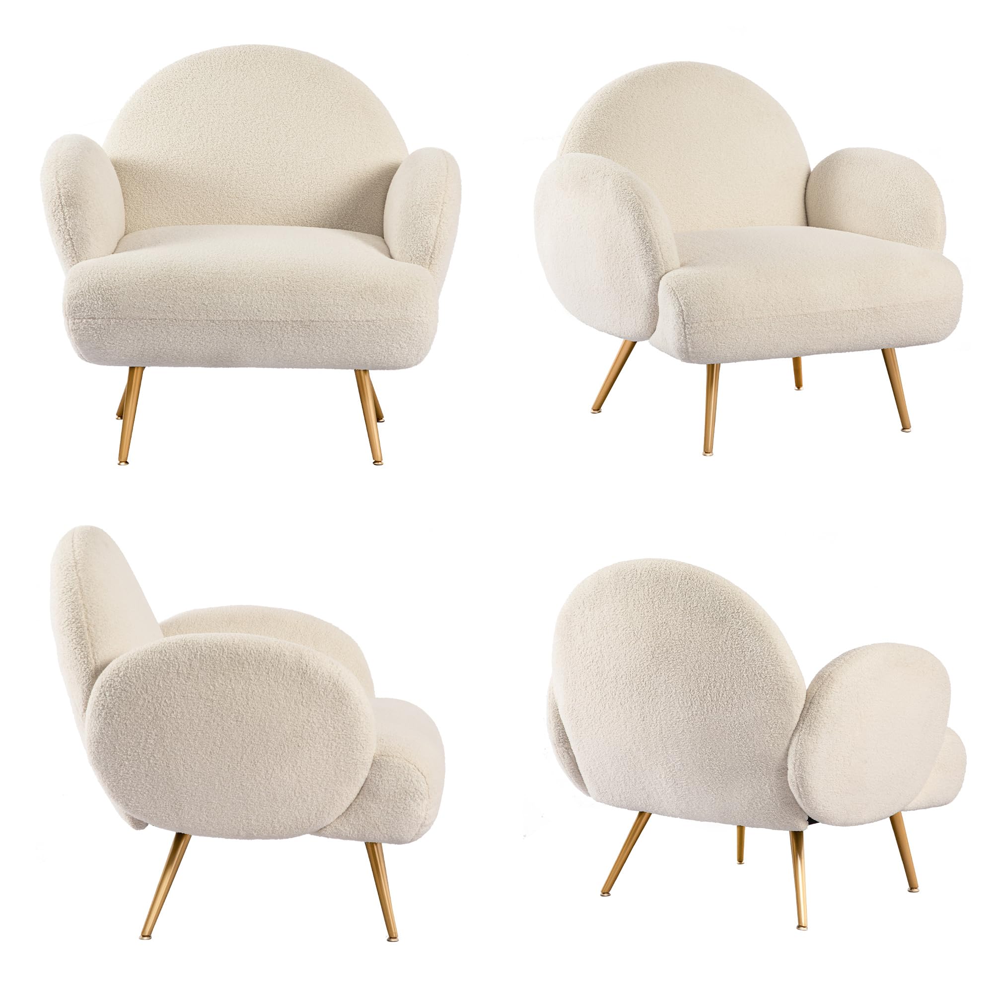 Sessel Moderner Loungesessel Einzel Loungesofa Lounge Sofa Gemütlicher Teddystoff Goldene Metallbeine Geeignet für Wohnzimmer Schlafzimmer, Weiß, Armlehne