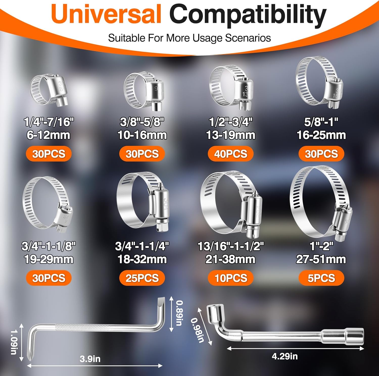 KELIN 202PCS 304 Stainless Steel Hose Clamp Kit, 8 Sizes from 1/4" to 2" (6-51mm) Adjustable Worm Gear Clamps with Socket Wrench & Screwdriver, Automotive Fuel Line Water Pipe Clamps Assortment Set