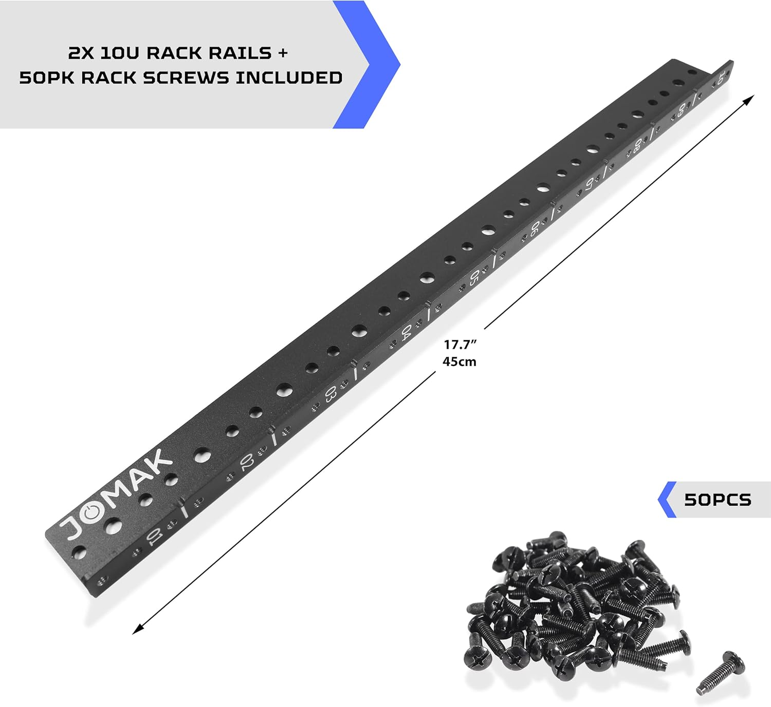 JOMAK 10U Heavy Duty Steel Vertical Rack Rails Set (2pack) Complete