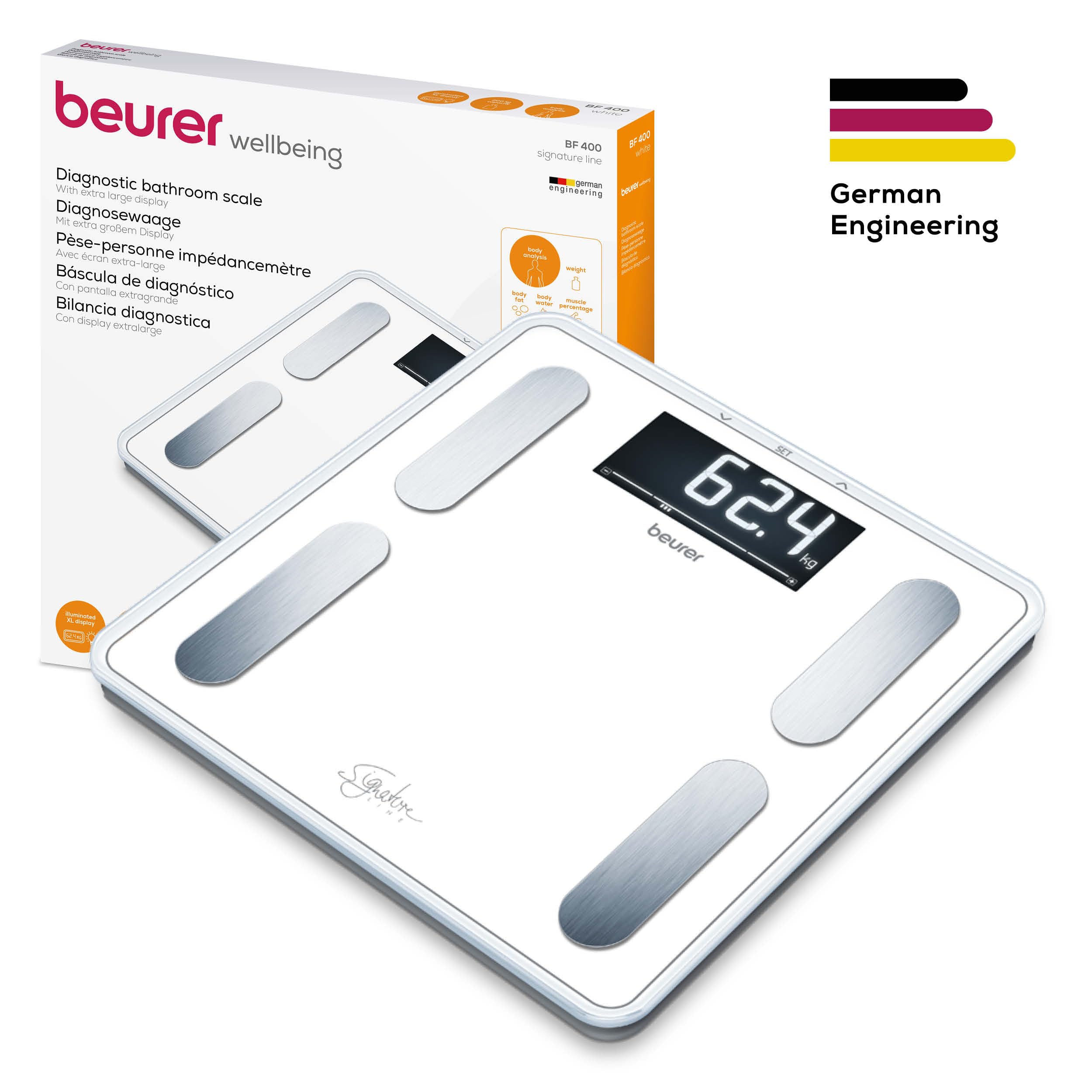 Beurer BF 400 white Diagnosewaage Signature Line, präzise Körperanalyse für bis zu 10 Personen, mit extra großem Invers-LCD-Display, Tragkraft bis 200 kg