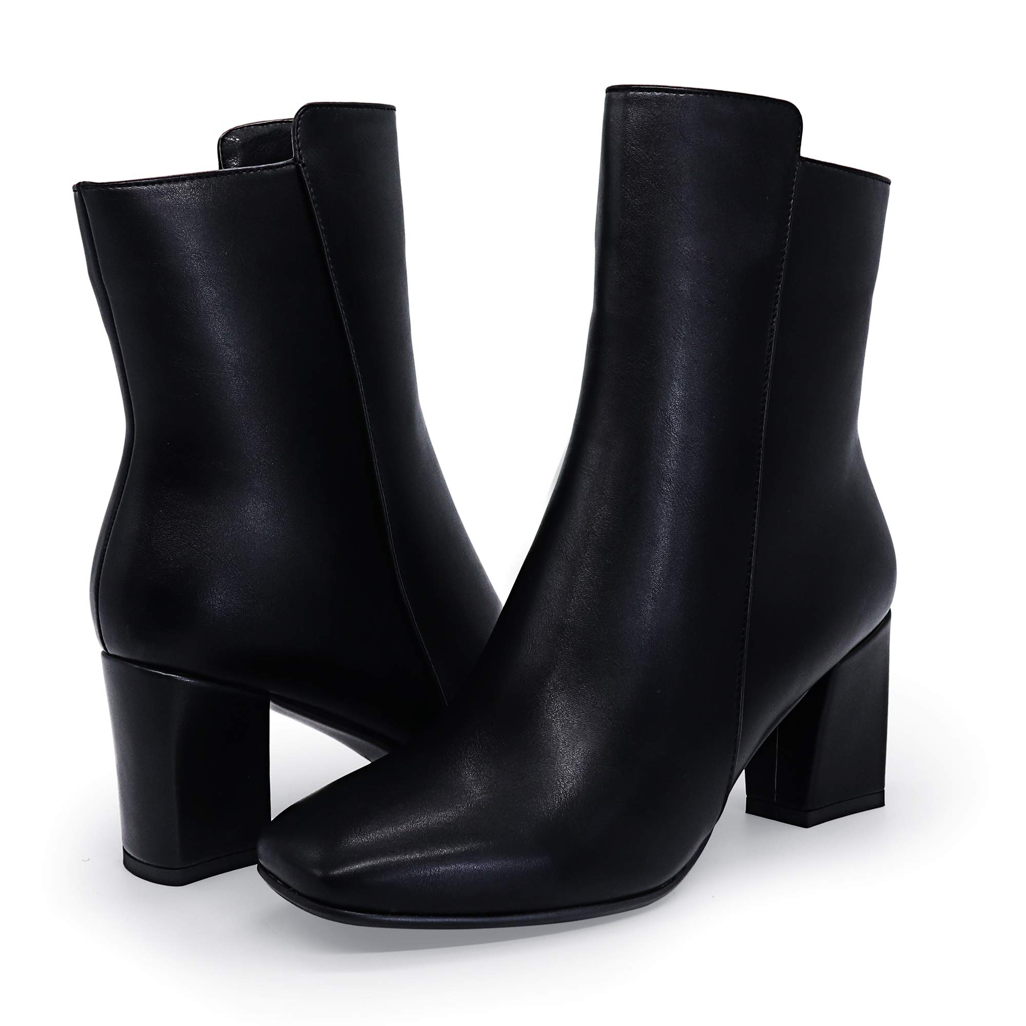 IDIFU Women's Ada Fashion Square Toe Ankle Boots Low Block Heel Short Boots Side Zipper Booties Shoes- Half Size Larger (Black Pu, 9 M US)