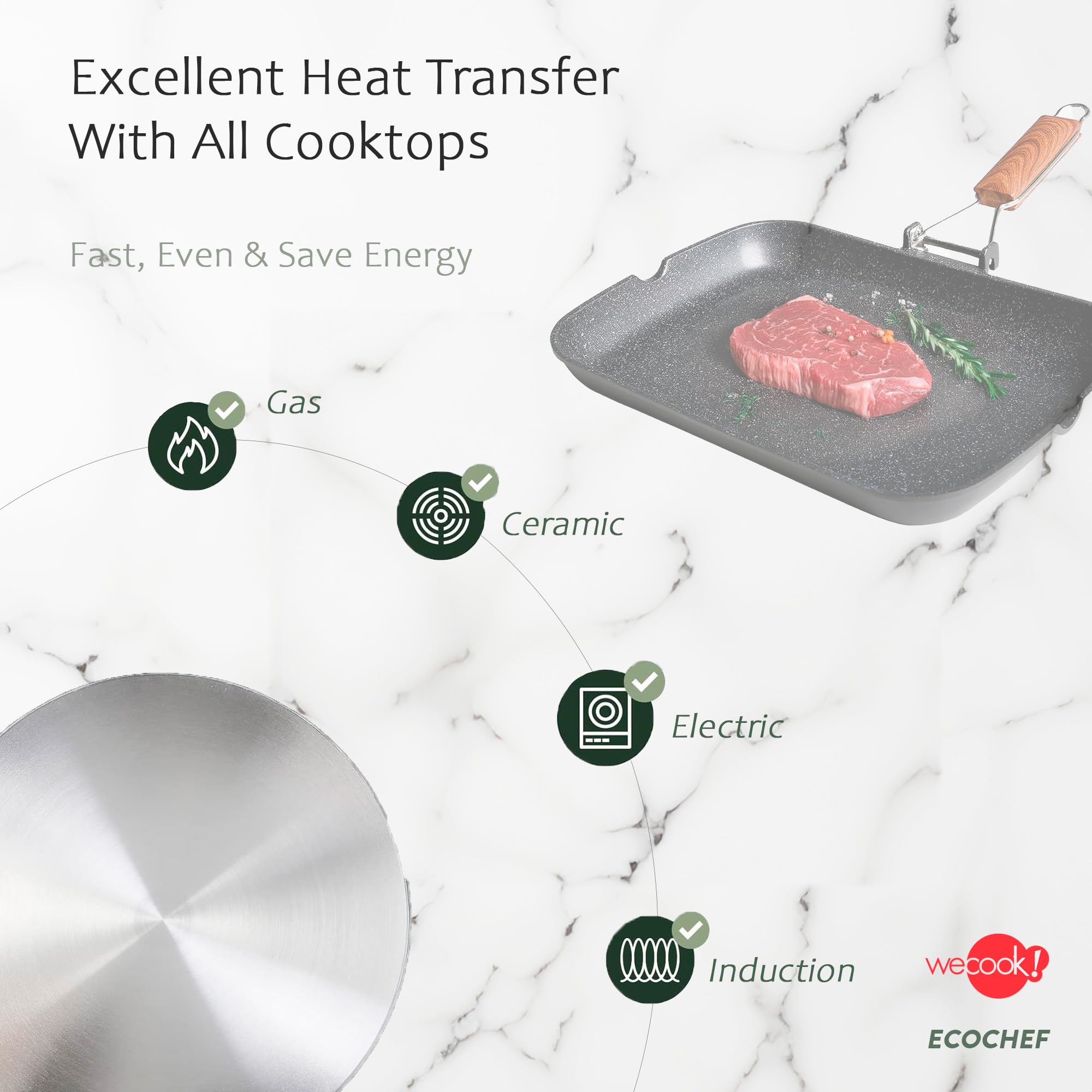WECOOK! Ecochef Grill Asador Inducción Liso 34 X 24cm, Antiadherente QUANTANIUM Ecológico sin PFOA, Aluminio Fundido, 5mm Espesor, Mango Madera Plegable, Apta Todas las Cocinas Vitrocerámica, Gas