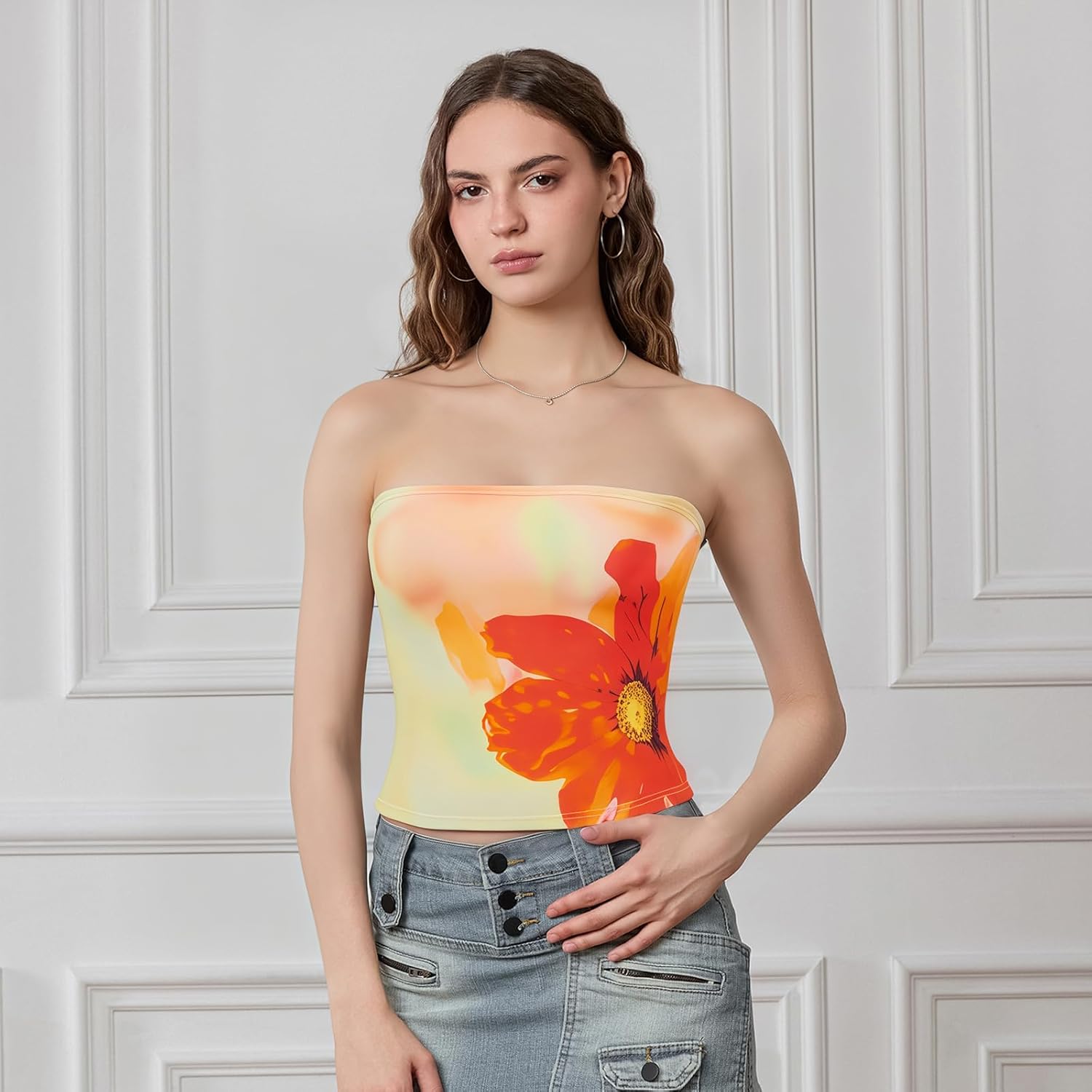 Women Y2k Floral Tube Tops Strapless Going Out Bandeau Crop Top Sexy Sleeveless Summer Tank Shirt Beachwear - Image 3