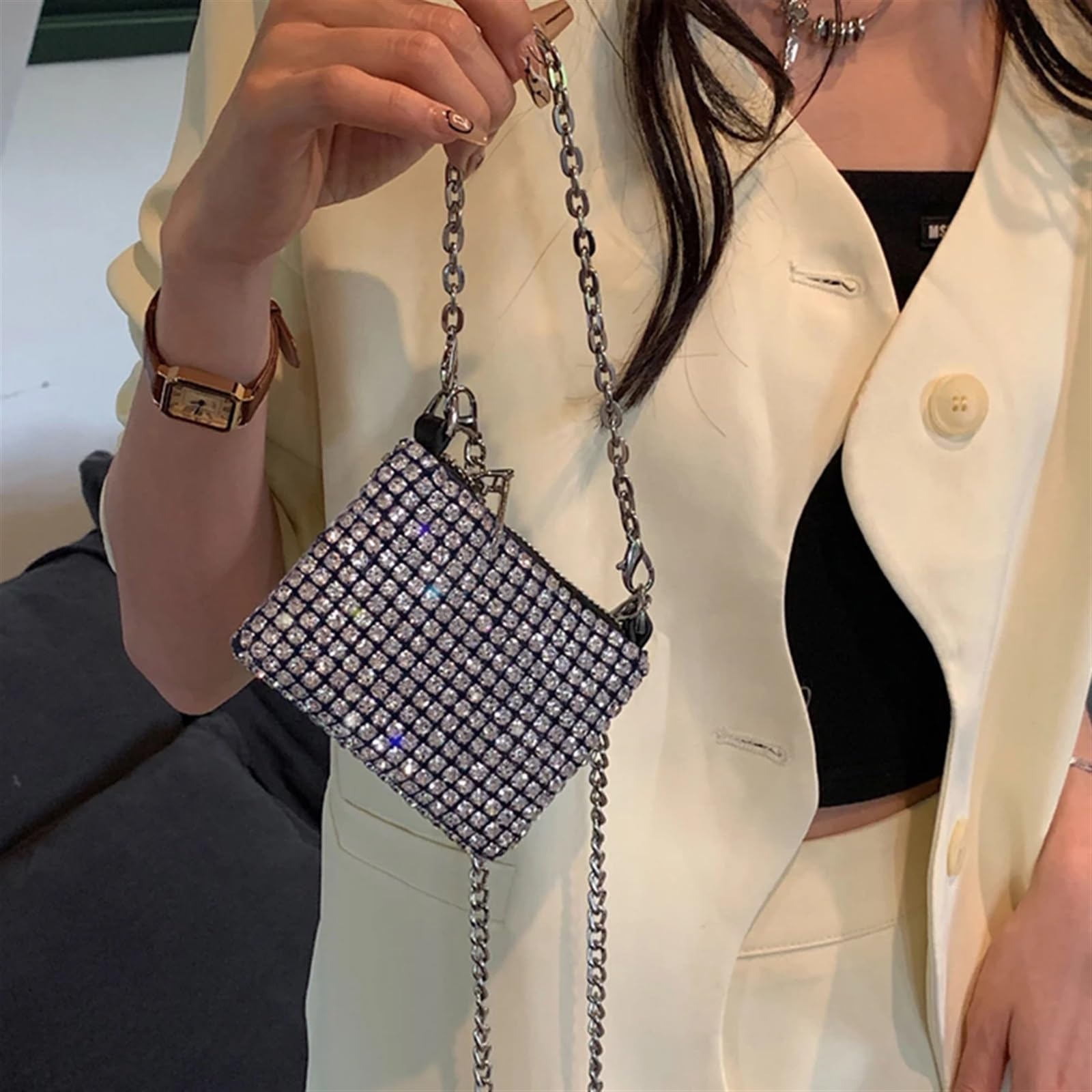 Pochette Diamante Donna Mini Borsa Quadrata con Strass Borsa a Tracolla in Metallo con Doppia Catena Borsa da Festa Scintillante Portamonete con Diamanti per Matrimoni e Eventi(Silver-01)