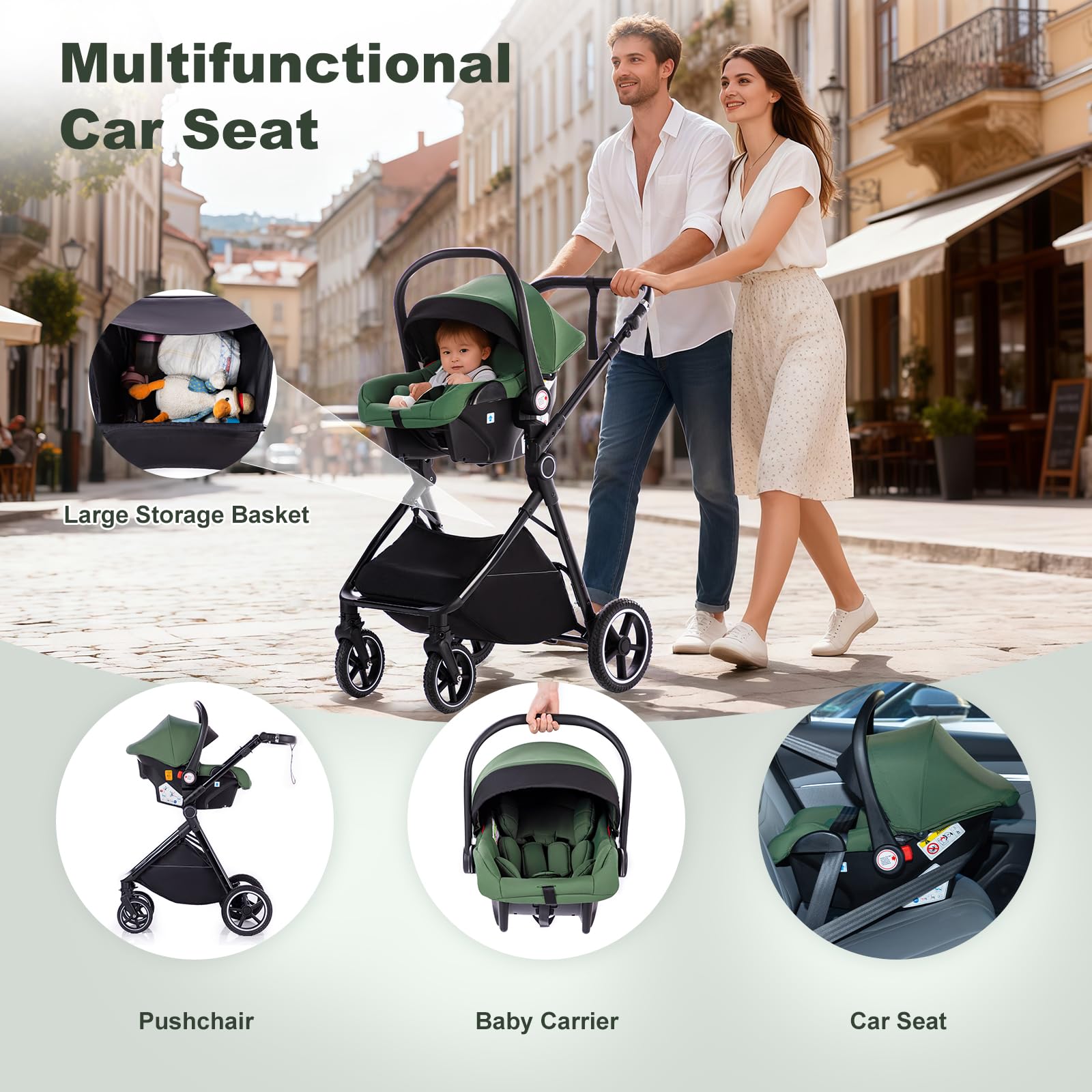 Cochecito 3 en 1 con Silla de Coche, Carrito bebé Plegable, Manillar 7 Alturas, Suspensión 4 Ruedas, Funda de Lluvia y Mosquitera, Sistema de Viaje para Recién Nacidos 0-3 Años (15kg)